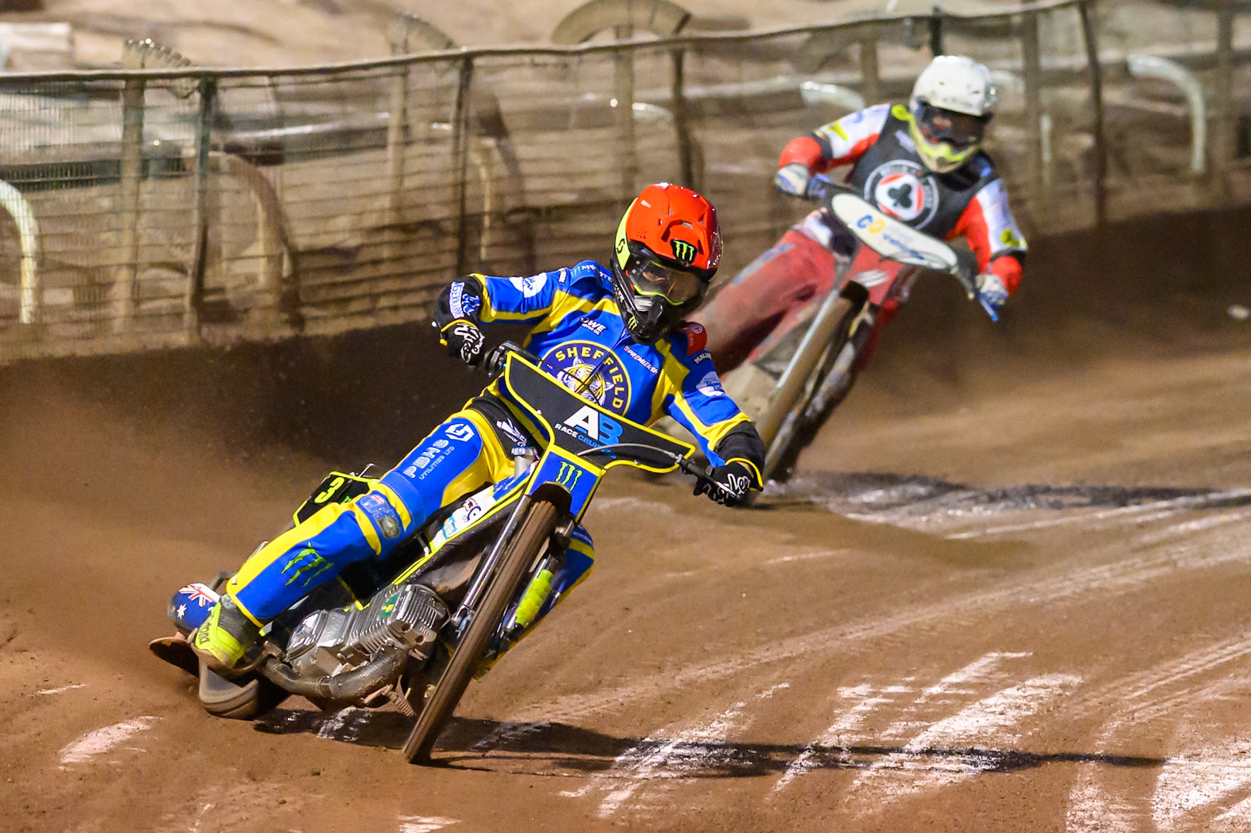 Chris Holder of Sheffield Tigers  in Red leading Chris Harris Guest Rider for Belle Vue Aces in White during the Knockout Cup Northern Section match between Sheffield Tigers and Belle Vue Aces at Owlerton Stadium, Sheffield on Thursday 2nd April 2026. (Photo: Ian Charles | MI News)