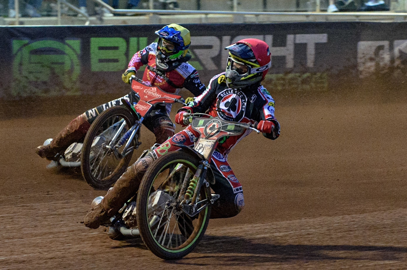 MANCHESTER, UK. AUG 9TH  Charles Wright  (Red) inside Hans Andersen  (Yellow) during the SGB Premiership match between Belle Vue Aces and Peterborough at the National Speedway Stadium, Manchester on Monday 9th August 2021. (Credit: Ian Charles | MI News)