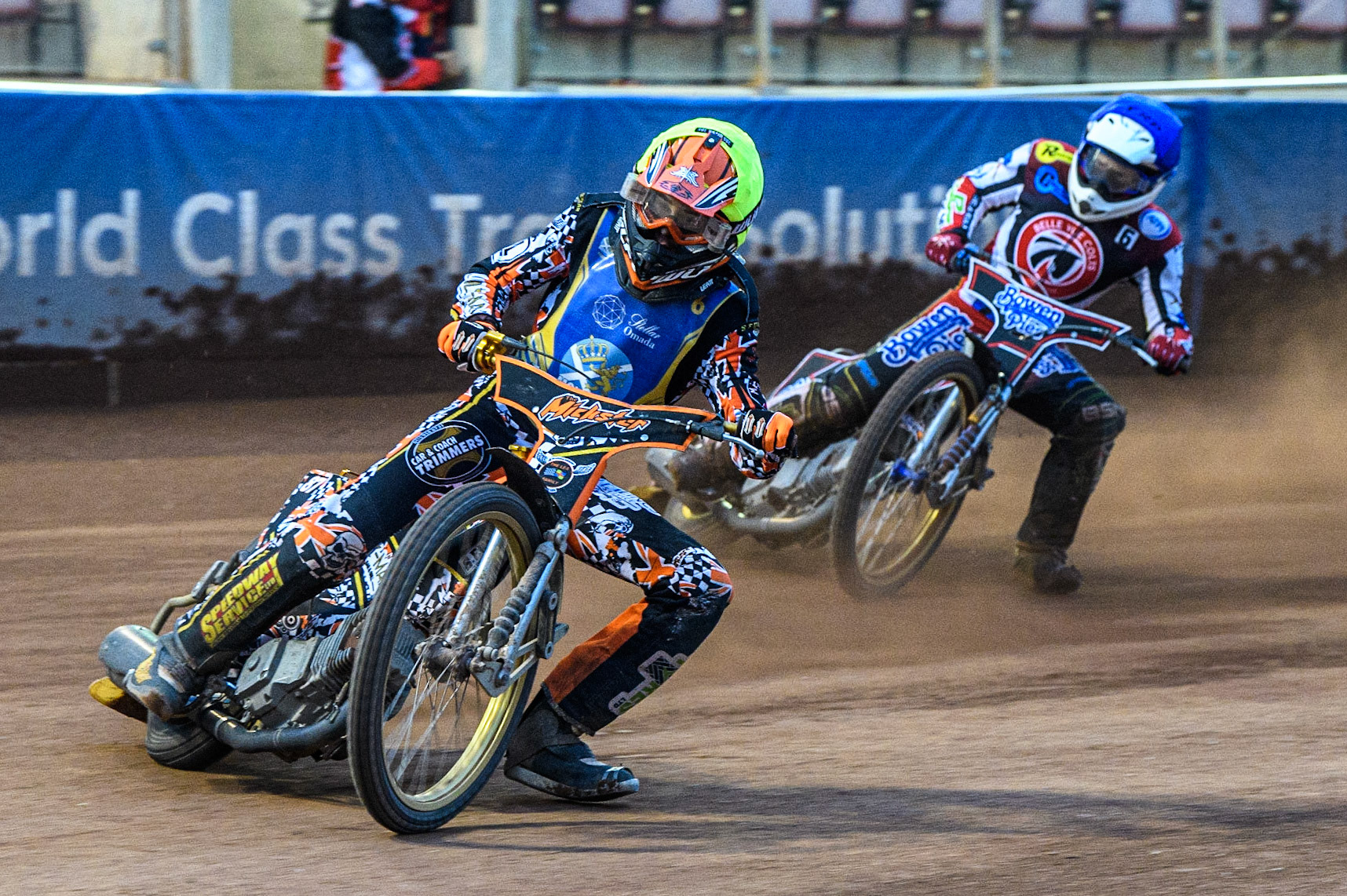 Mickie Simpson (Yellow) leads Paul Bowen (Blue) during the National Development League match between Belle Vue Colts and Edinburgh Monarchs Academy at the National Speedway Stadium, Manchester on Friday 21st July 2023. (Photo: Ian Charles | MI News)