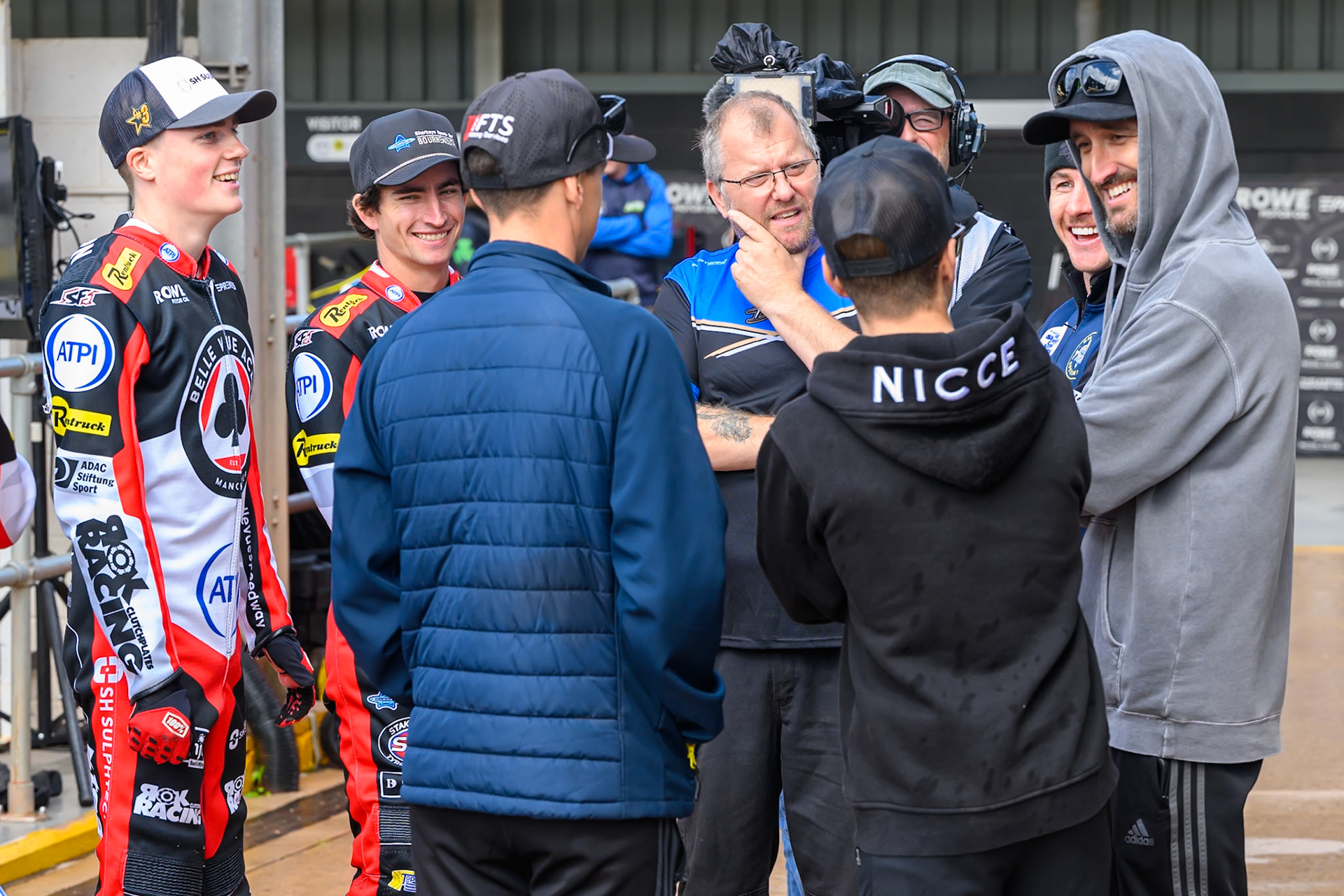 Riders discuss the situation before the rain off during the Rowe Motor Oil Premiership match between Belle Vue Aces and Sheffield Tigers at the National Speedway Stadium, Manchester on Monday 31st August 2026. (Photo: Ian Charles | MI News)