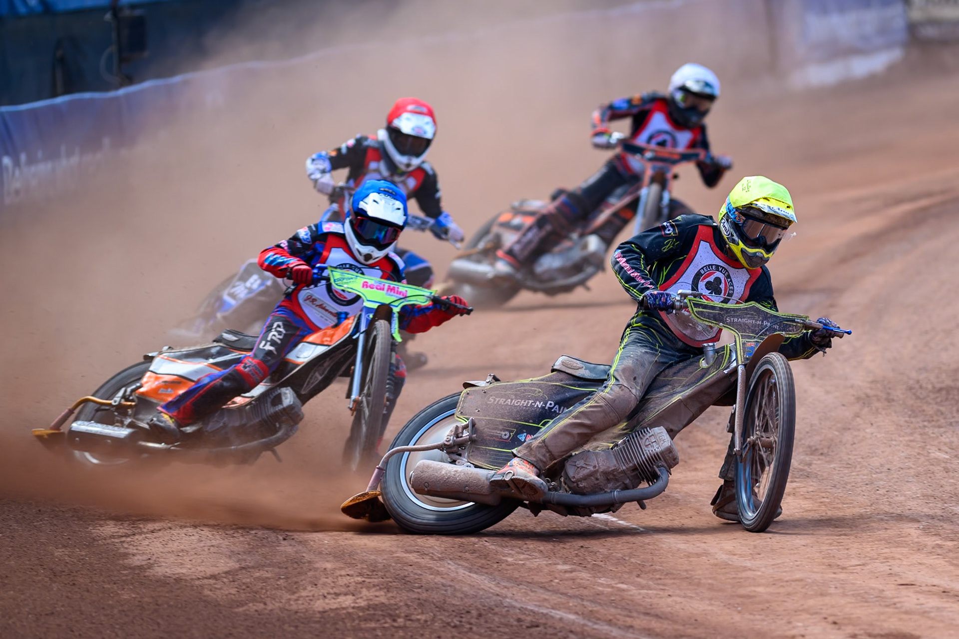 COLTS ACADEMY INDIVIDUAL EVENT Ben Whalley  in Yellow leading Harry Fletcher in Blue, Lee Harrison in Red and Harry Sadler in White during the JR Ashworth &amp; Sons Colts Academy Event at the National Speedway Stadium, Manchester on Sunday 19th July 2026. (Photo: Ian Charles | MI News)