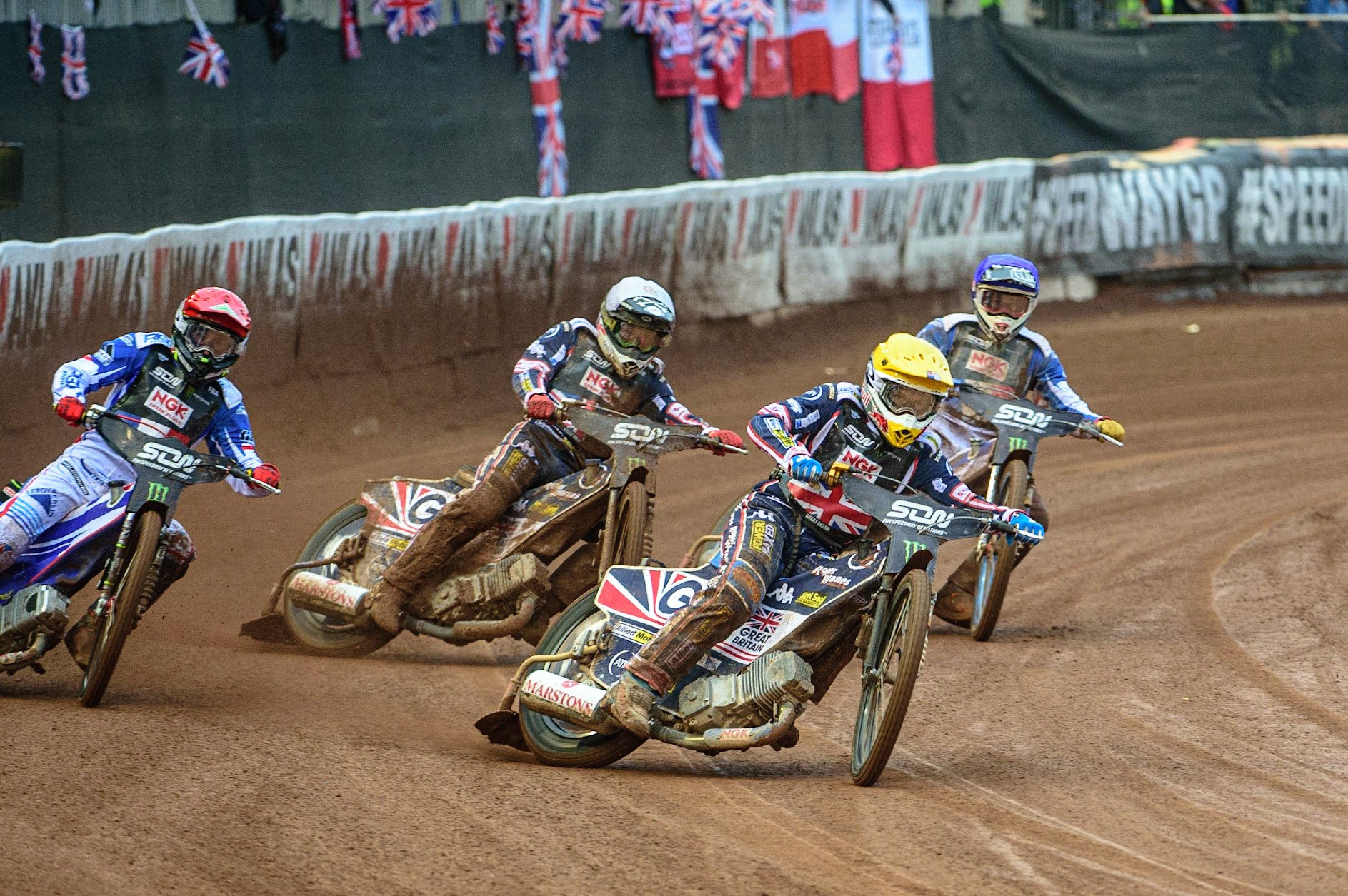 MANCHESTER, UK. OCT 17TH Robert Lambert of Great Britain (Yellow) leads David Bellego of France (Red), Dan Bewley of Great Britain (White) and Dmitri Berge of France (Blue) during the Monster Energy FIM Speedway of Nations at the National Speedway Stadium, Manchester on Sunday  17th October 2021. (Credit: Ian Charles | MI News)