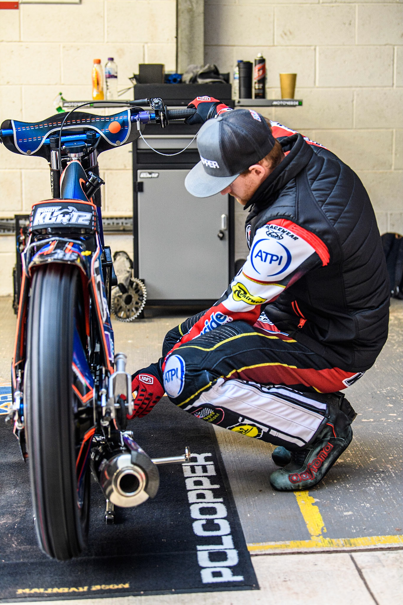 Brady Kurtz  works on his bike during the SGB Premiership match between Belle Vue Aces and Peterborough at the National Speedway Stadium, Manchester on Monday 24th April 2023. (Photo: Ian Charles | MI News)