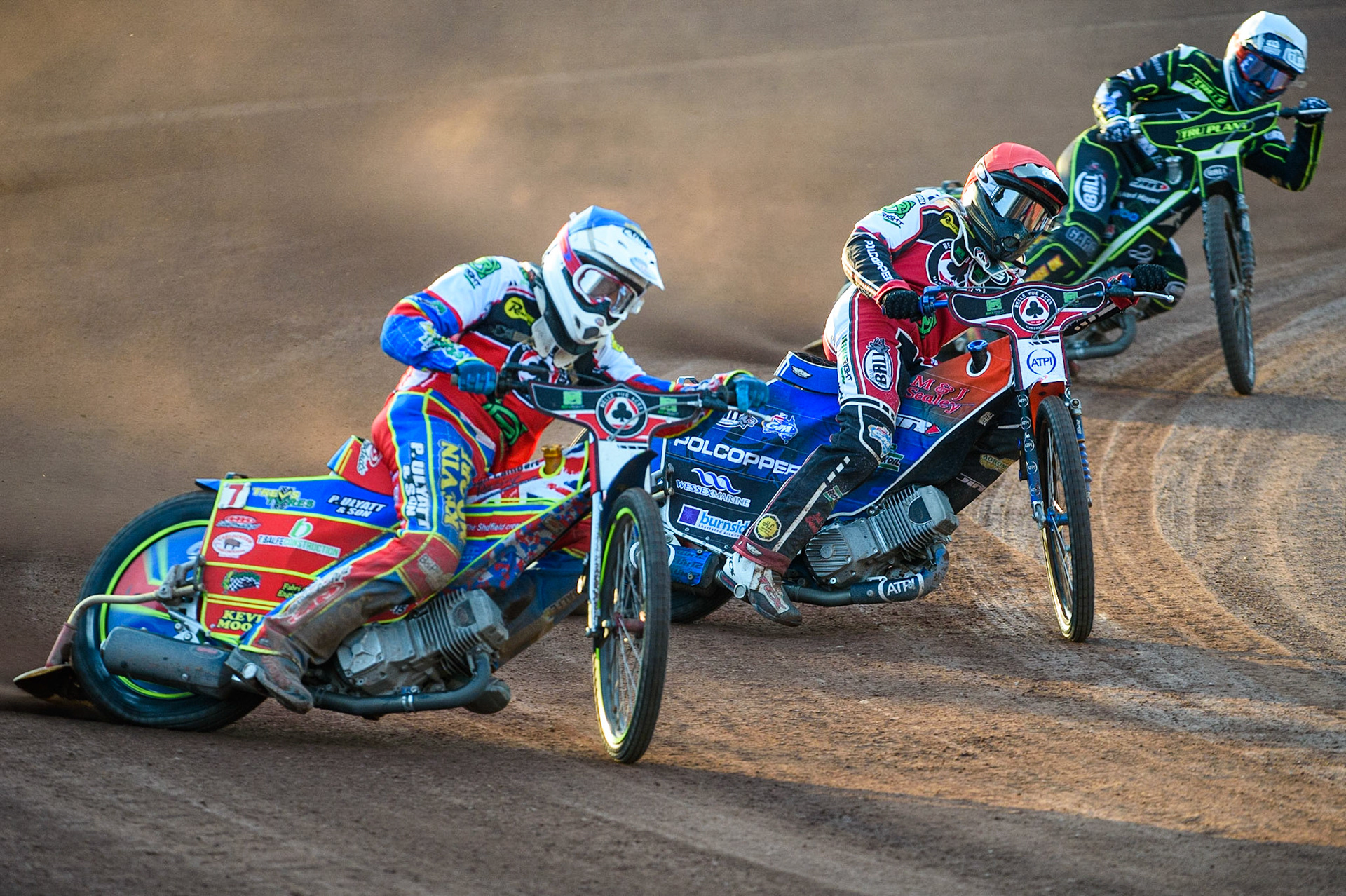 MANCHESTER UKSimon Lambert(Blue) leads Brady Kurtz   (Red) and Jake Allen  (White) during the SGB Premiership match between Belle Vue Aces and Ipswich Witches at the National Speedway Stadium, Manchester on Monday 2nd August 2021. (Credit: Ian Charles | MI News)