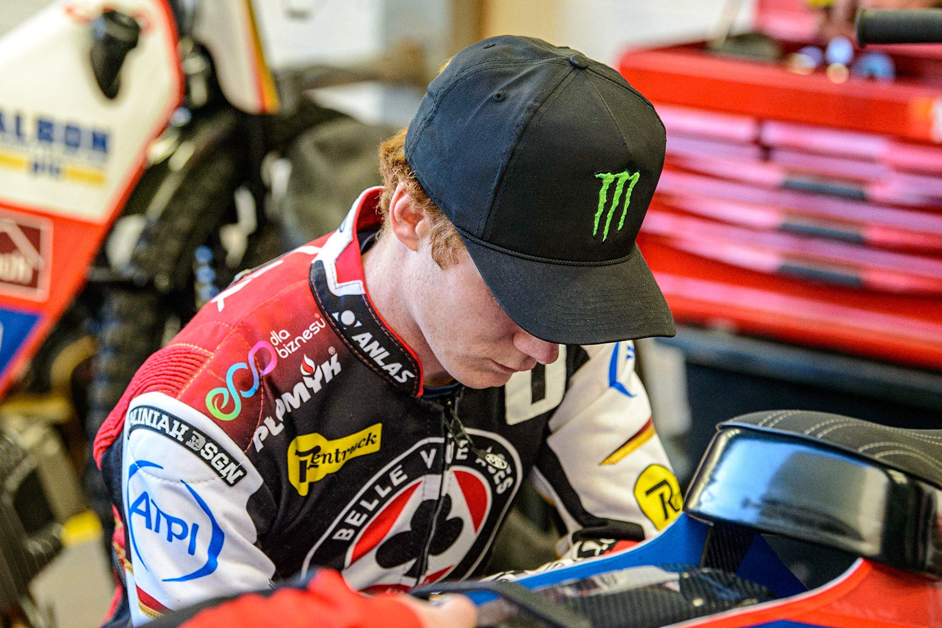 Dan Bewley  works on his machine during the Peter Craven Memorial Trophy  at the National Speedway Stadium, Manchester on Monday 3rd April 2023. (Photo: Ian Charles | MI News)