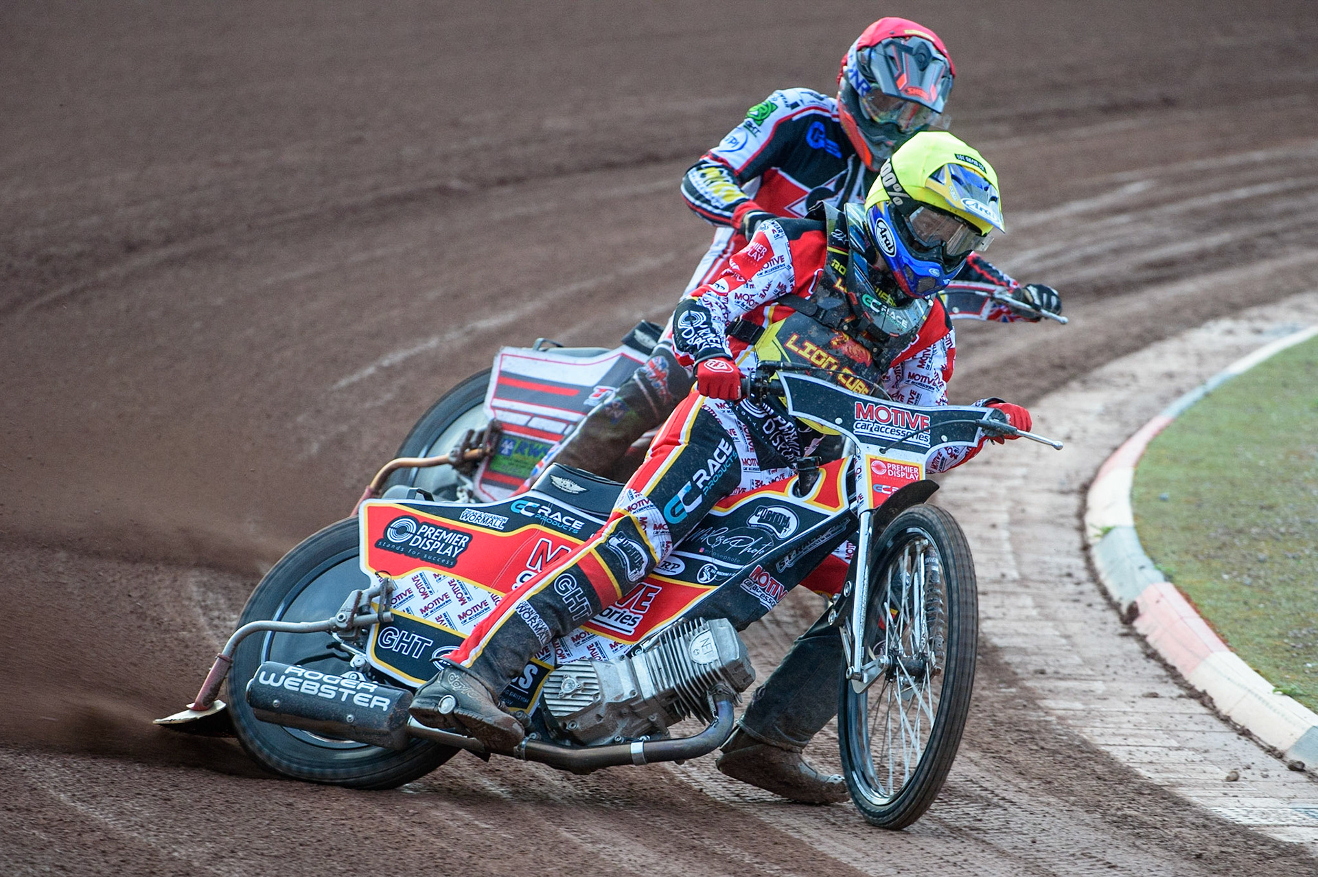 MANCHESTER, UK. JULY 29TH  Tom Spencer (Yellow)  leads Jack Parkinson-Blackburn  (Red)  during the National Development League match between Belle Vue Colts and Leicester Lion Cubs at the National Speedway Stadium, Manchester on Thursday 29th July 2021. (Credit: Ian Charles | MI News)