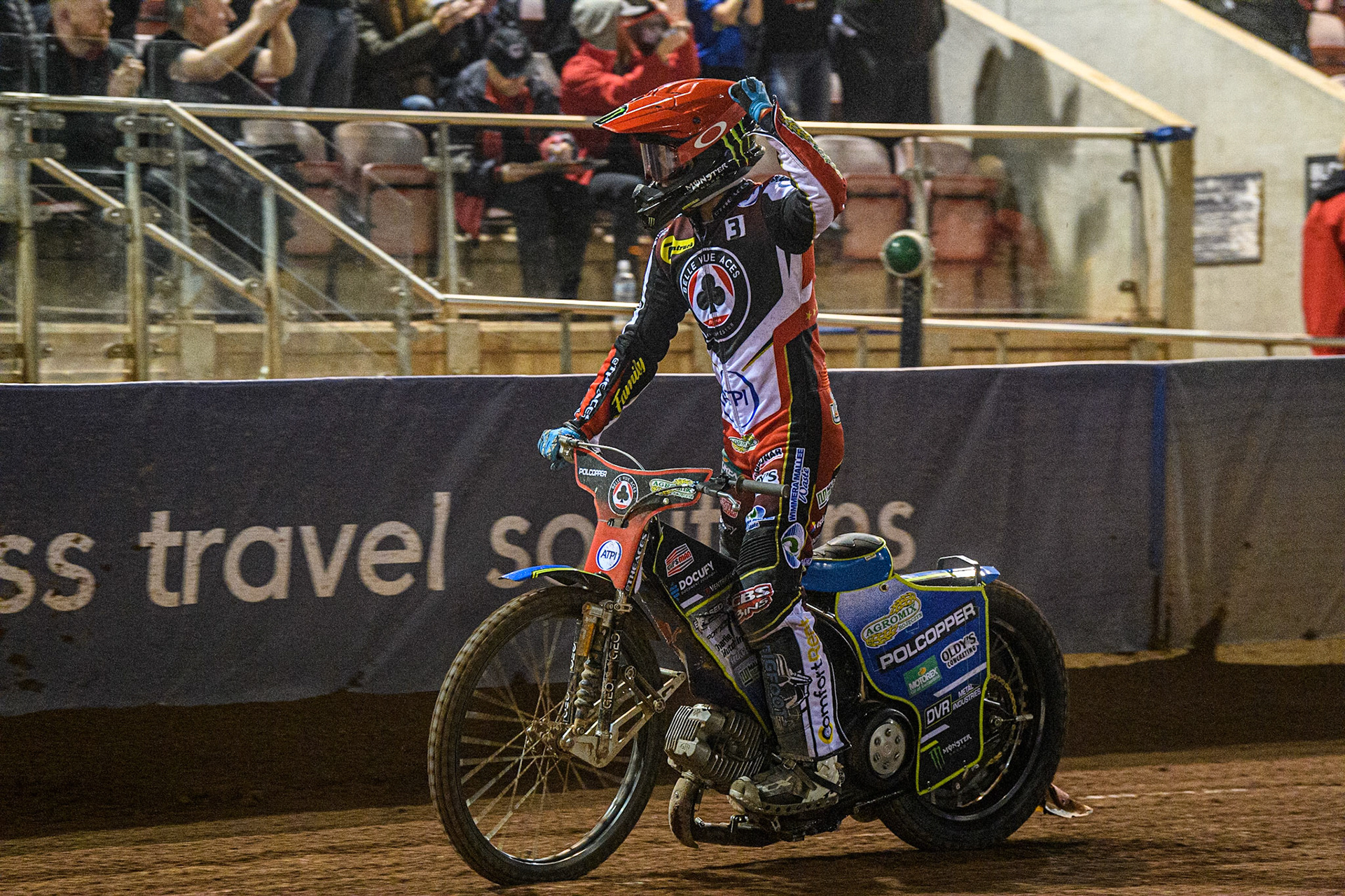 Jaimon Lidsey celebrates his win in Heat 15 during the Sports Insure Premiership match between Belle Vue Aces and Sheffield Tigers at the National Speedway Stadium, Manchester on Monday 7th August 2023. (Photo: Ian Charles | MI News)