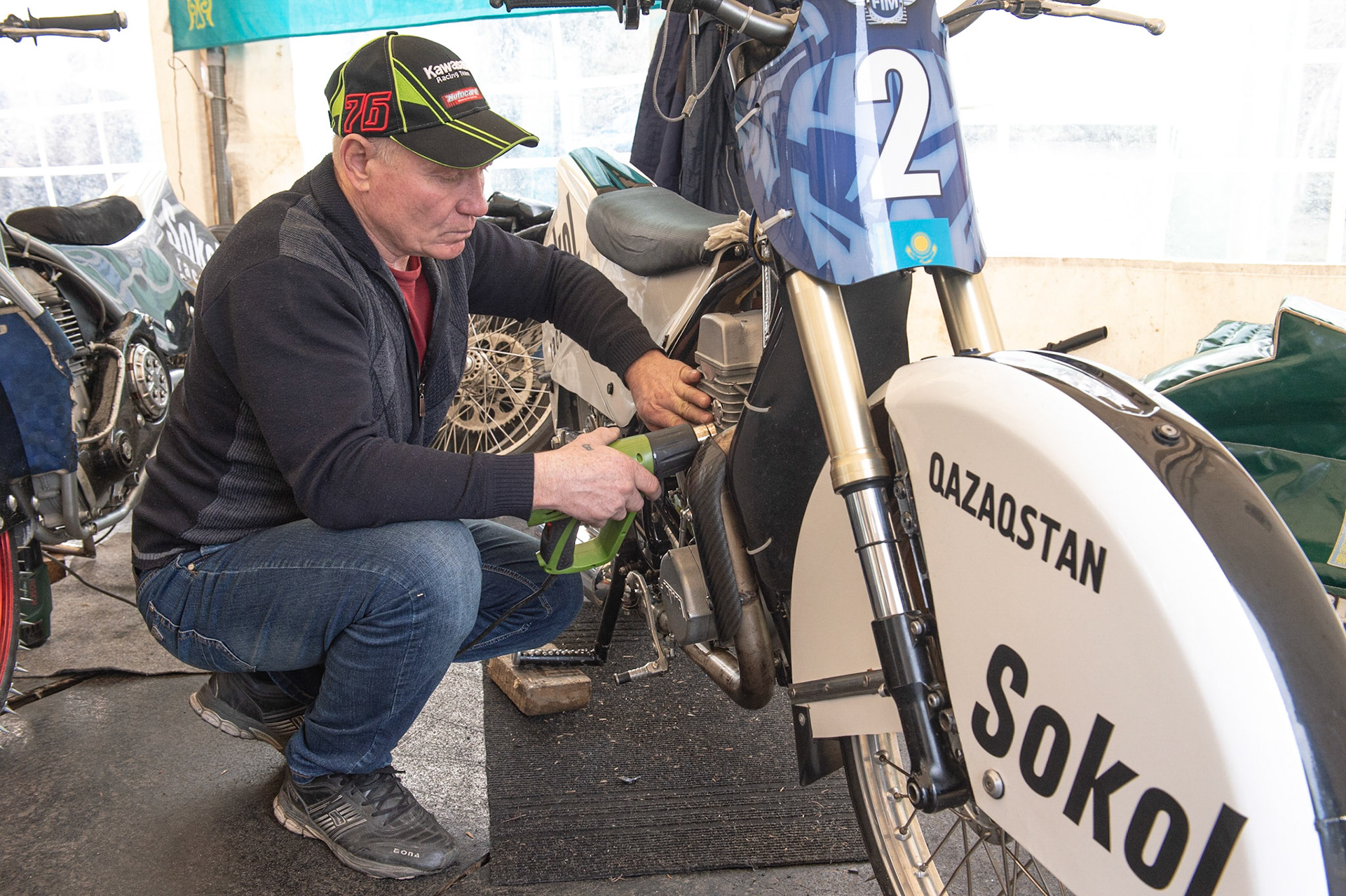 BERLIN GERMANY  - March 1  Vladimir Cheblokov warms his engine with a heat gun before starting the bike  during the Ice Speedway of Nations at the Horst-Dohm-Eisstadion, Berlin,  on Sunday 1 March 2020. (Credit: Ian Charles | MI News)