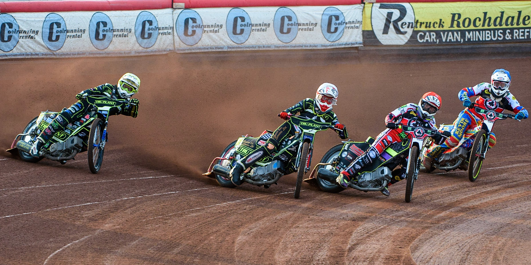 MANCHESTER UKDrew Kemp   (White) and \w7\ (Yellow) outside Tom Brennan (Red) and Simon Lambert (Blue) during the SGB Premiership match between Belle Vue Aces and Ipswich Witches at the National Speedway Stadium, Manchester on Monday 2nd August 2021. (Credit: Ian Charles | MI News)