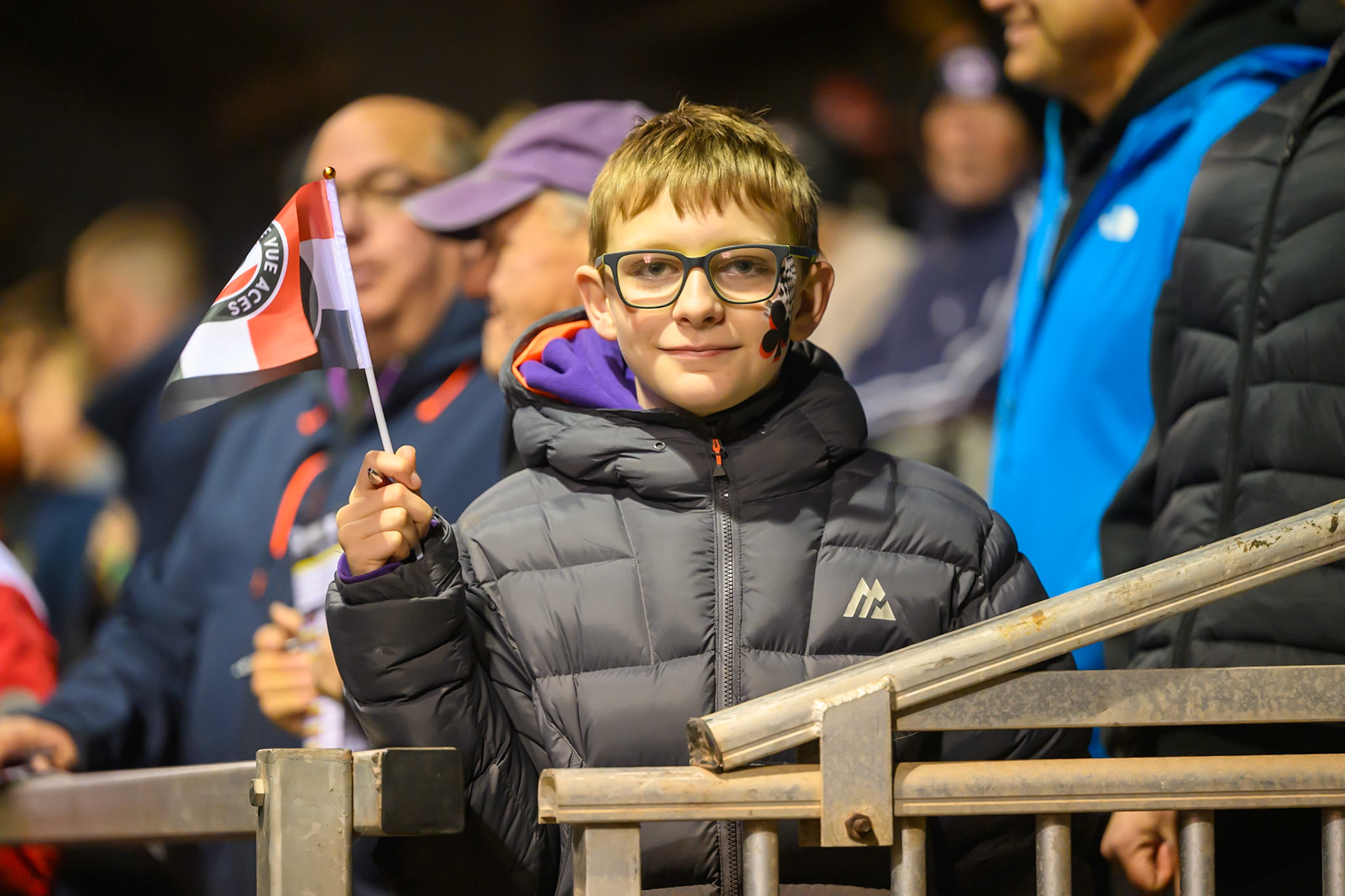 A young Aces fan shows his colours during the Rowe Motor Oil Premiership Grand Final 2nd Leg between Belle Vue Aces and Sheffield Tigers at the National Speedway Stadium, Manchester on Friday 16th October 2026. (Photo: Ian Charles | MI News)