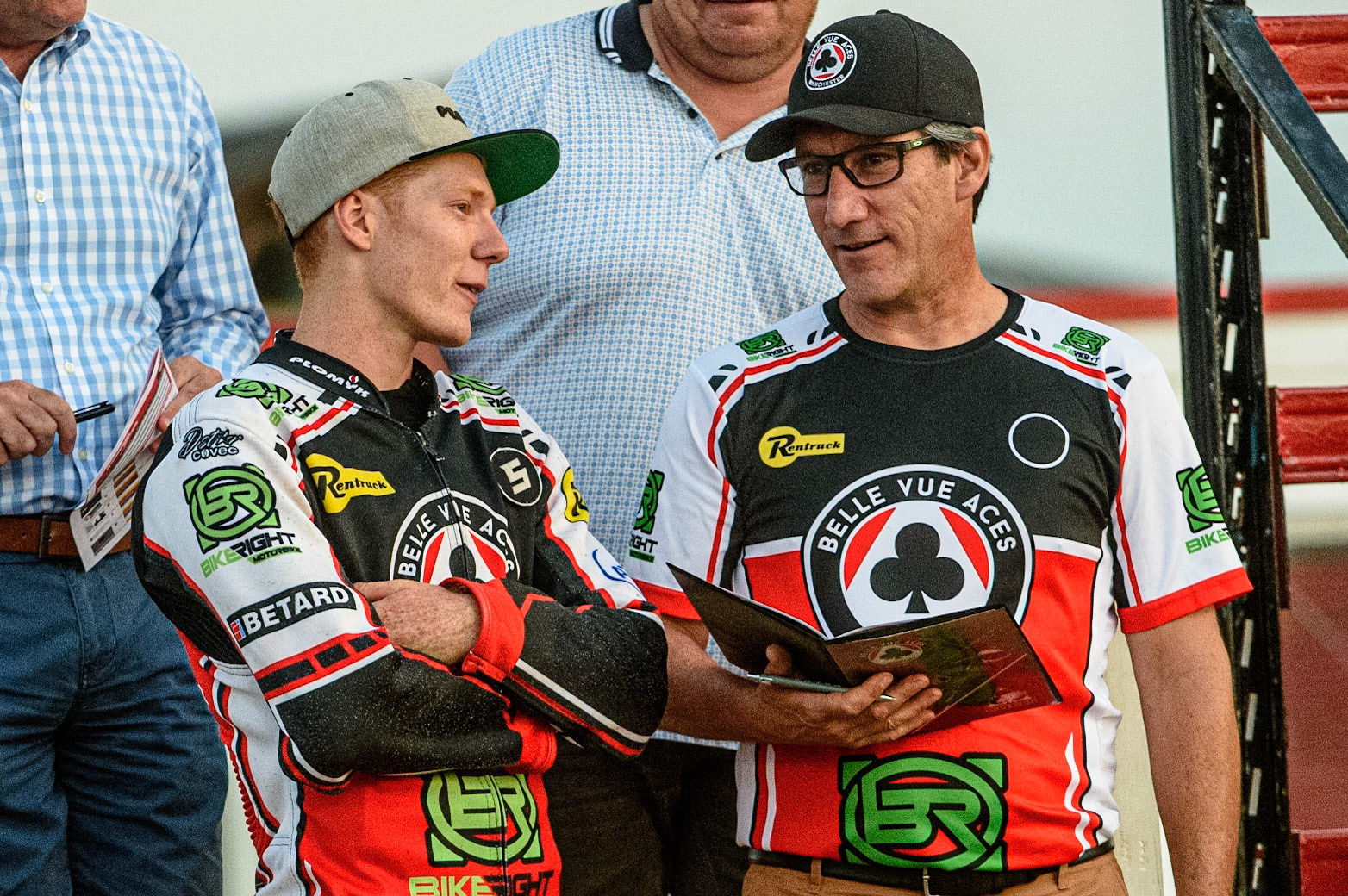 PETERBOROUGH, UK. JULY 19TH  Dan Bewley  (left) chats with Mark Lemon  during the SGB Premiership match between Peterborough and Belle Vue Aces at East of England Showground, Peterborough on Monday 19th July 2021. (Credit: Ian Charles | MI News)