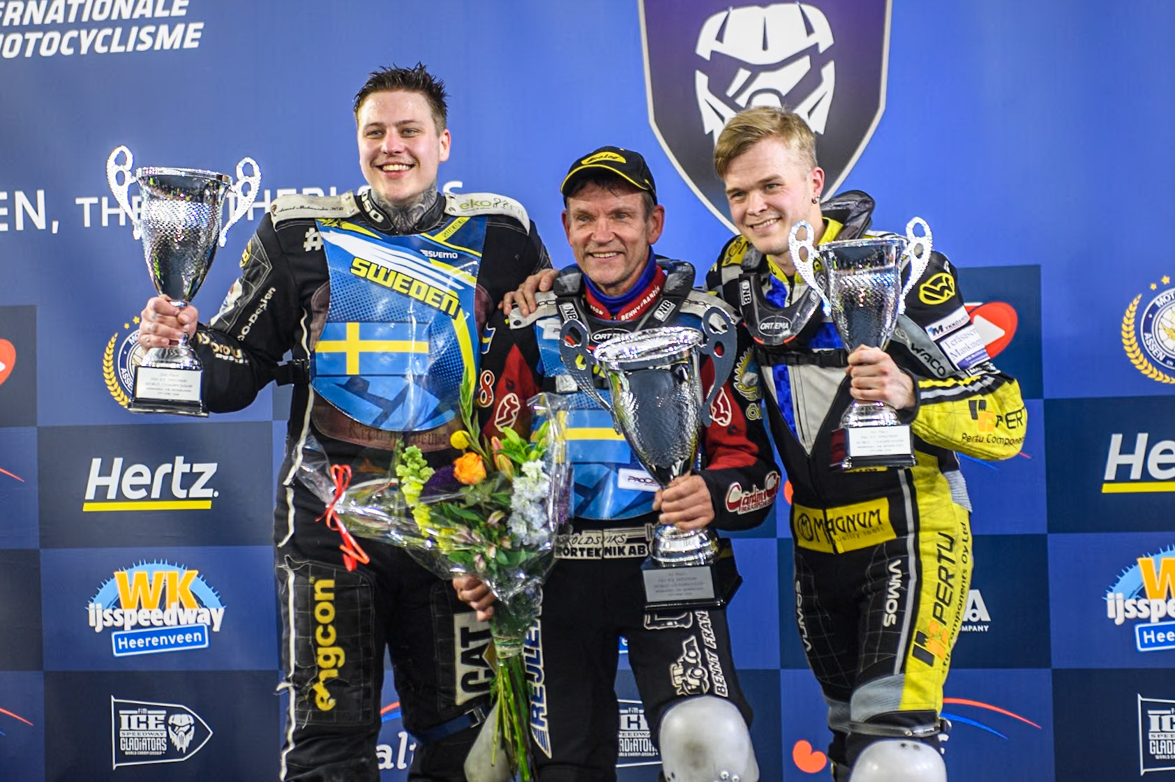 Sunday Top 3: (L to R) Sweden"s Jimmy Olsén (2nd), Sweden's Stefan Svensson (Winner), Finland's Heikki Huusko (3rd) during the FIM Ice Speedway Gladiators World Championship Final 4 at Ice Rink Thialf, Heerenveen on Sunday 7th April 2024. (Photo: Ian Charles | MI News)