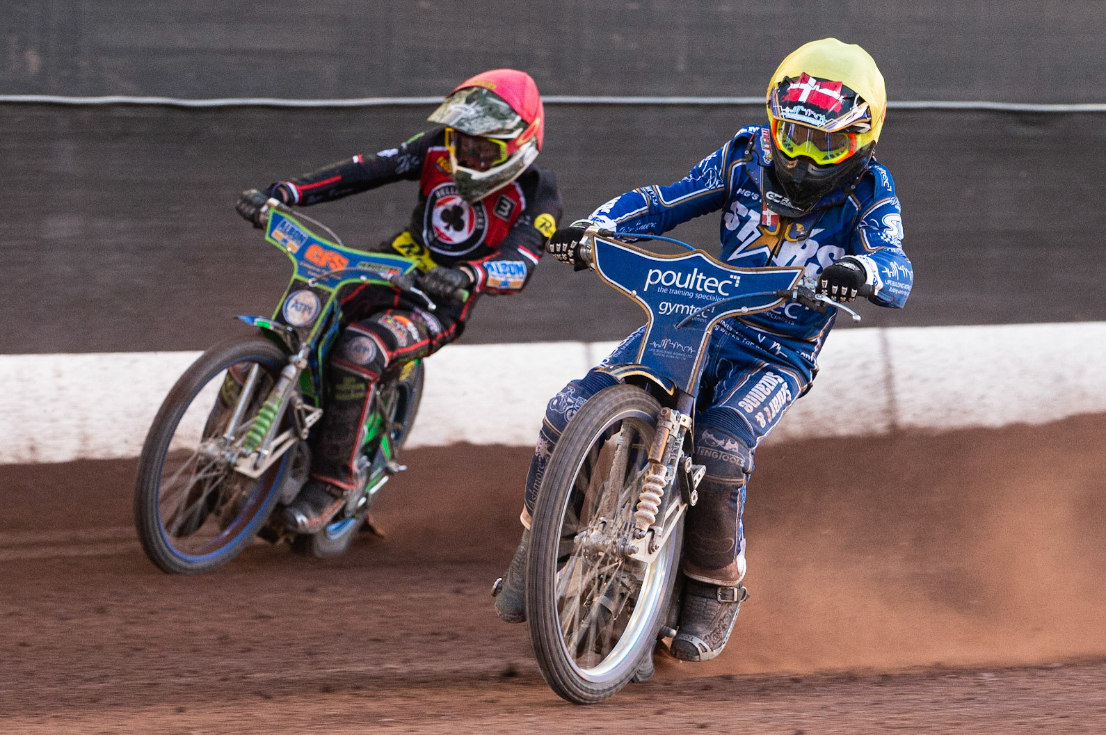 Photo: Ian Charles

Michael Palm Toft  (Yellow) leads Dan Bewley  (Red)

Belle Vue Aces v Kings Lynn Stars, British Speedway Premiership, Belle Vue National Speedway Stadium, Manchester, Thursday 16  May  2019