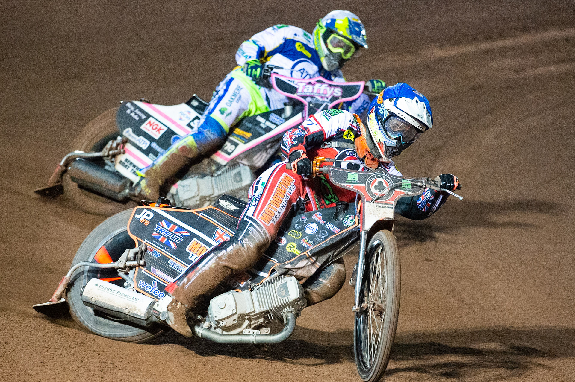 Photo: Ian CharlesJordan Palin of Belle Vue 'BikeRight' Aces (Blue) leads Chris Harris of the 'ATPI' All StarsBelle Vue ‘Bikerite ’Aces v ‘ATPI’ All Stars, Premiership Challenge, National Speedway Stadium, Manchester Thursday  24  September  2020