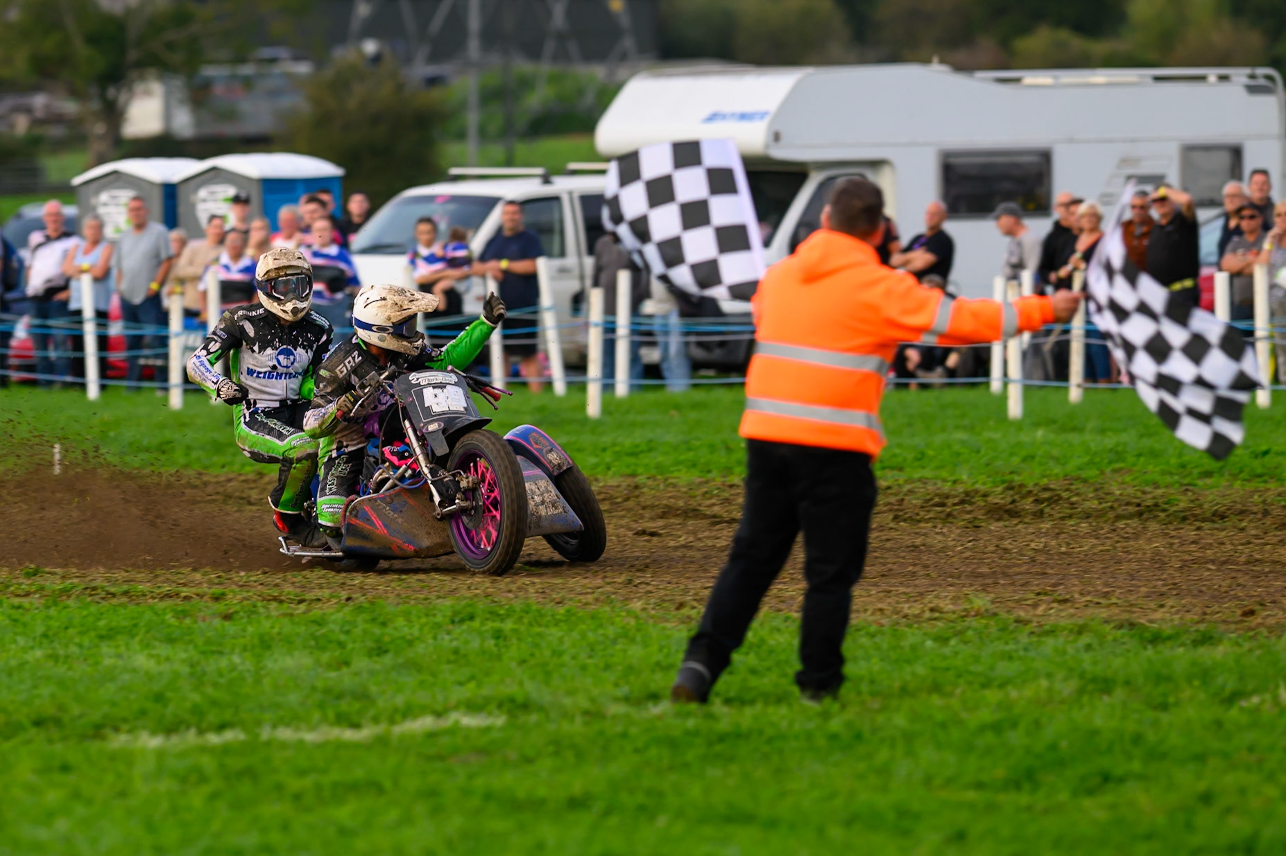 British Masters 1000cc Sidecars: Gareth Winterburn/Frankie Courtney (49)  win the British masters Sidecar title during the British Masters Grasstrack Championship at Lower Marsh Farm, Much Hoole, Preston in Lancashire, England on Sunday 13th September 2026. (Photo: Ian Charles | MI News)