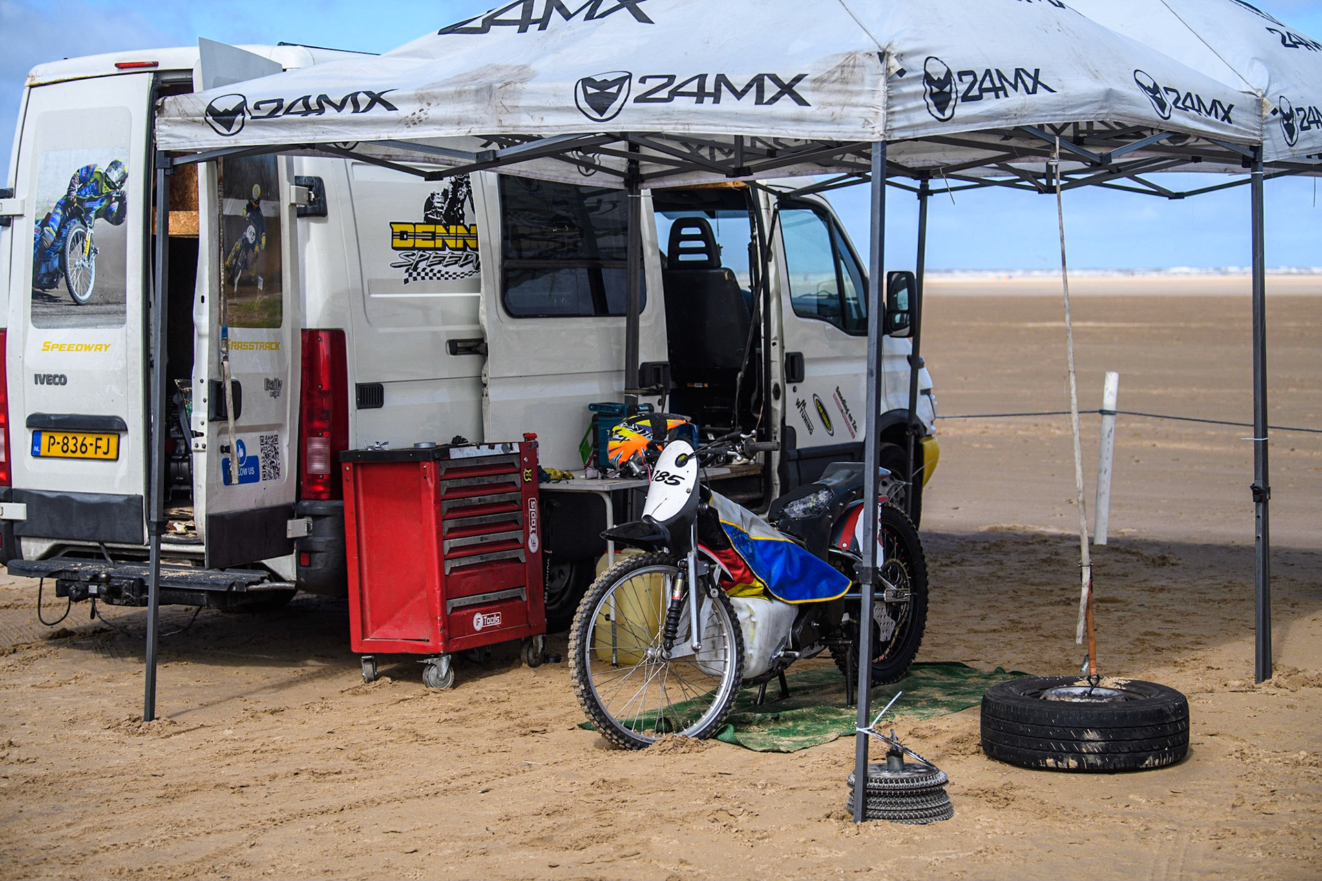 The pit area of Dutch rider Dennis Smit (185) during the Fylde ACU British Sand Racing Masters Championship at  St Annes on Sea, Lancashire on Sunday 30th July 2023. (Photo: Ian Charles | MI News)