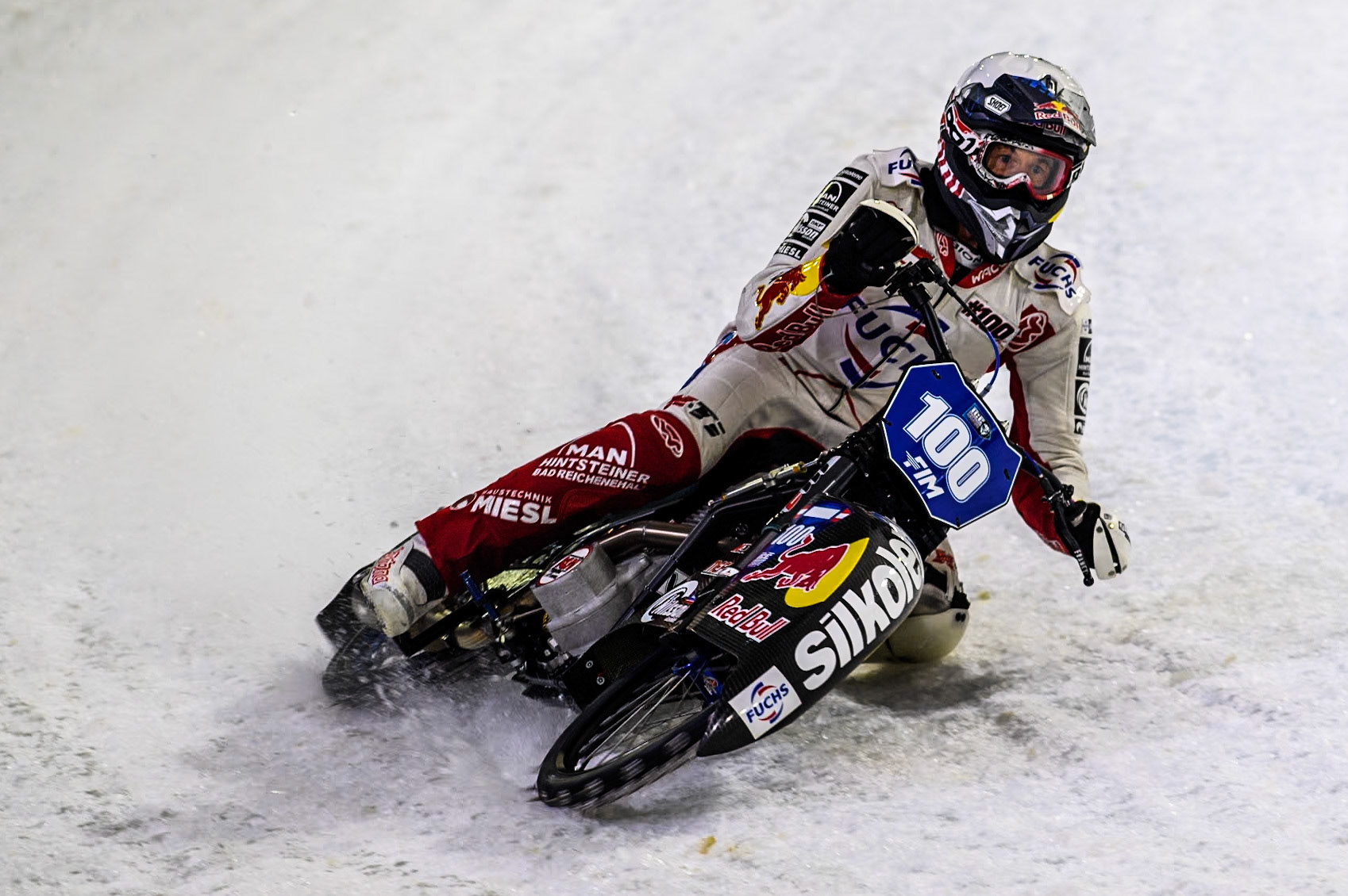 Austria's Franz Zorn (100) in action during the FIM Ice Speedway Gladiators World Championship Final 4 at Ice Rink Thialf, Heerenveen on Sunday 7th April 2024. (Photo: Ian Charles | MI News)