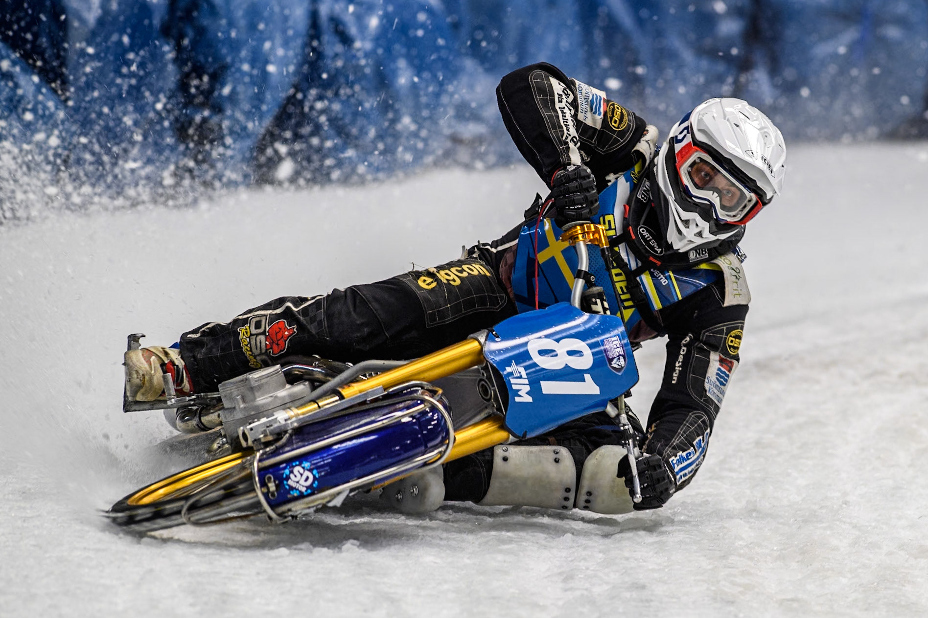Sweden"s Jimmy Olsén (81) in action during the FIM Ice Speedway Gladiators World Championship Final 2 at the Max-Aicher-Arena, Inzell on Sunday 24 March 2024. (Photo: Ian Charles | MI News)
