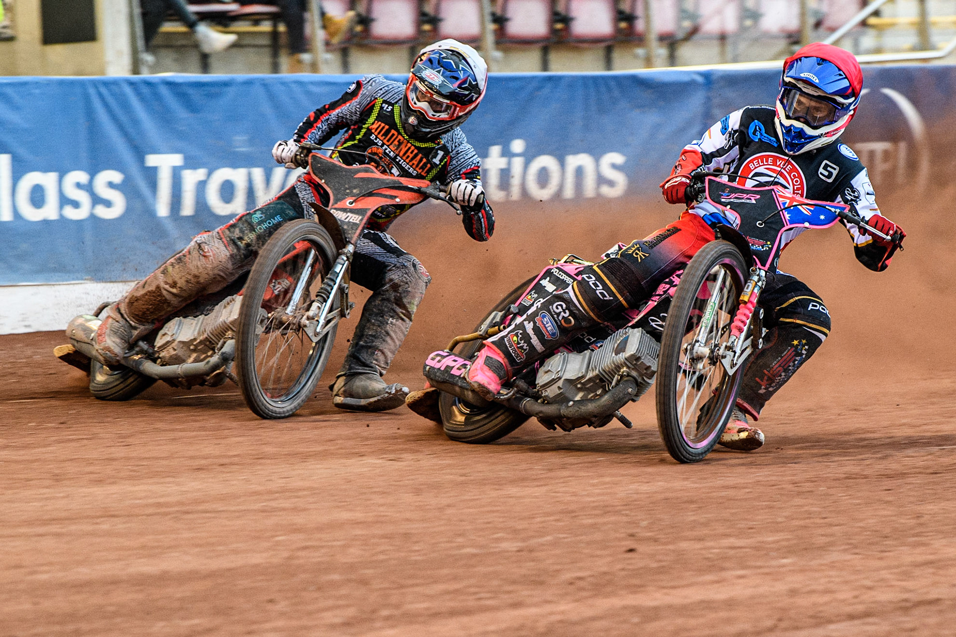 James Pearson (Red) leads Alfie Bowtell (White) during the National Development League match between Belle Vue Colts and Mildenhall Fens Tigers at the National Speedway Stadium, Manchester on Friday 26th May 2023. (Photo: Ian Charles | MI News)