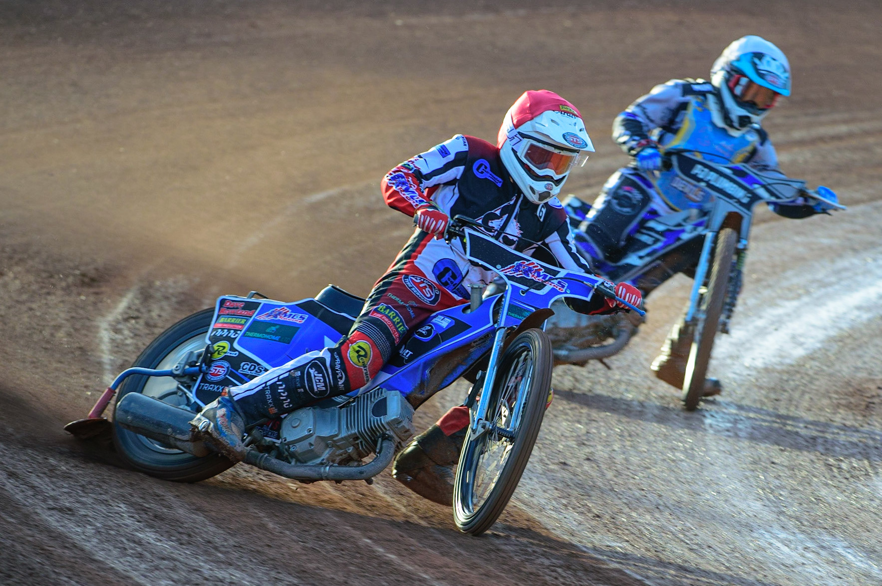 MANCHESTER, UK. MAY 27TH  Archie Freeman  (Red) leads Kyran Lydan (White)during the National Development League match between Belle Vue Colts and Armadale Devils at the National Speedway Stadium, Manchester on Friday 27th May 2022. (Credit: Ian Charles | MI News)
