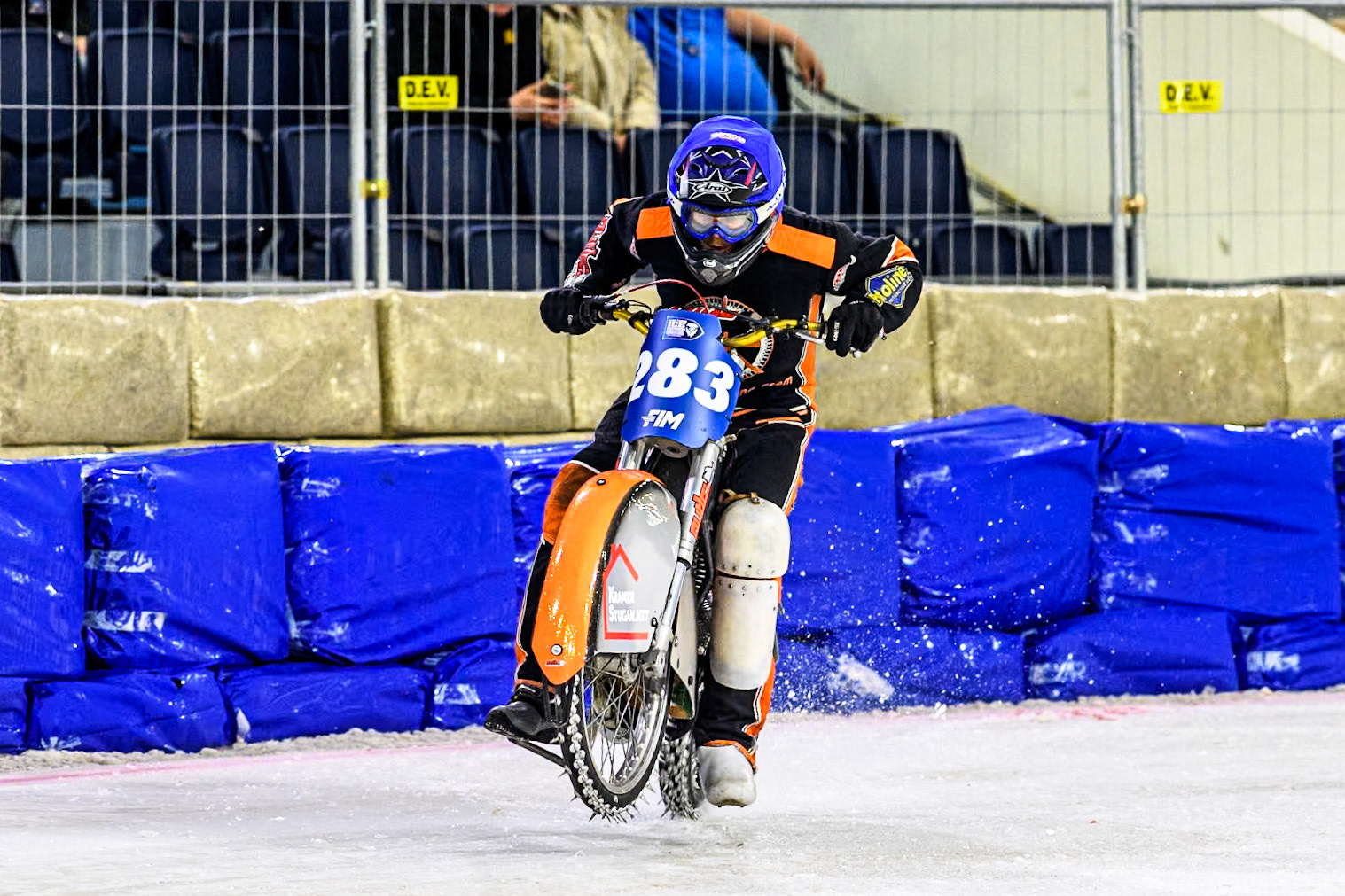 Netherland's Sebastian Reitsma (283) does a practice start during the FIM Ice Speedway Gladiators World Championship Final 3 at Ice Rink Thialf, Heerenveen on Saturday 6th April 2024. (Photo: Ian Charles | MI News)