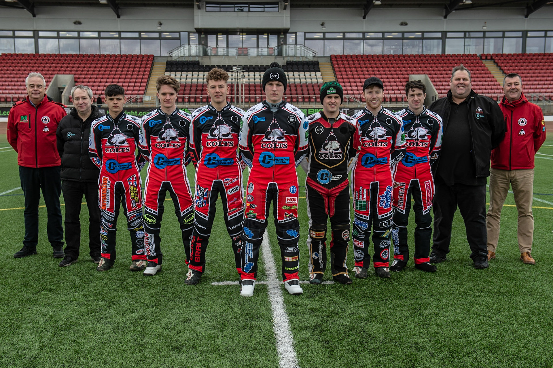 MANCHESTER, ENGLAND  - March 12  Belle Vue Colts (l-r) Robin Southwell (Co-Owner), Graham Goodwin (Manager)Jordan Palin, Ben Rathbone, Harry McGurk, Kyle Bickley, Paul Smith, Paul Bowen, Ben Woodhull, Steve Williams (Manager), Adrian Smith (CEO)  during The Belle Vue Speedway Media Day, at The National Speedway Stadium, Manchester, on Thursday 12 March 2020. (Credit: Ian Charles | MI News)