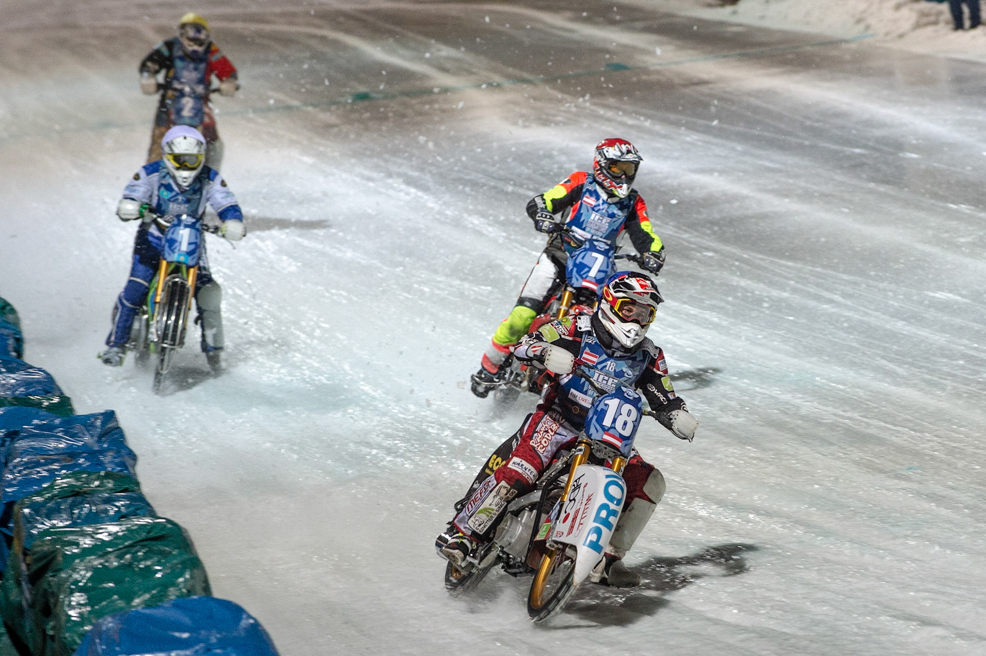 BERLIN GERMANY  - February 29 Charly Ebner (Blue) leads Harald Simon (Red) Pavel Nekrasov (White) and Vladimir Cheblokov (Yellow)   during theIce Speedway of Nations (Day 1) at the Horst-Dohm-Eisstadion, Berlin,  on Saturday 29 February 2020. (Credit: Ian Charles | MI News)