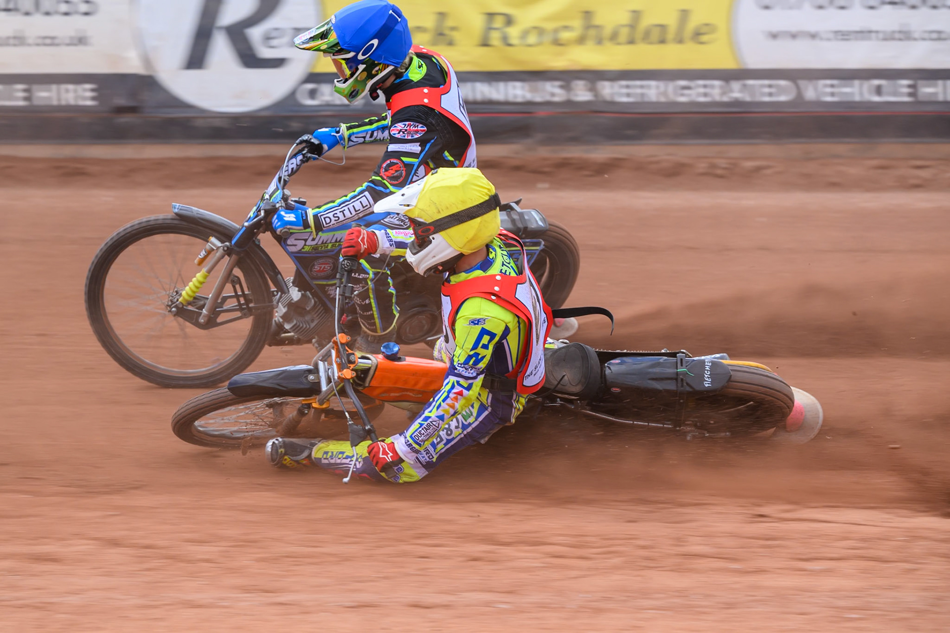 JR ASHWORTH &amp; SONS COLTS ACADEMY INDIVIDUALHarry Fletcher in Yellow rides inside Senna Summers in Blue before he slides off during the JR Ashworth &amp; Sons Colts Individual at the National Speedway Stadium, Manchester on Sunday 10th May 2026. (Photo: Ian Charles | MI News)