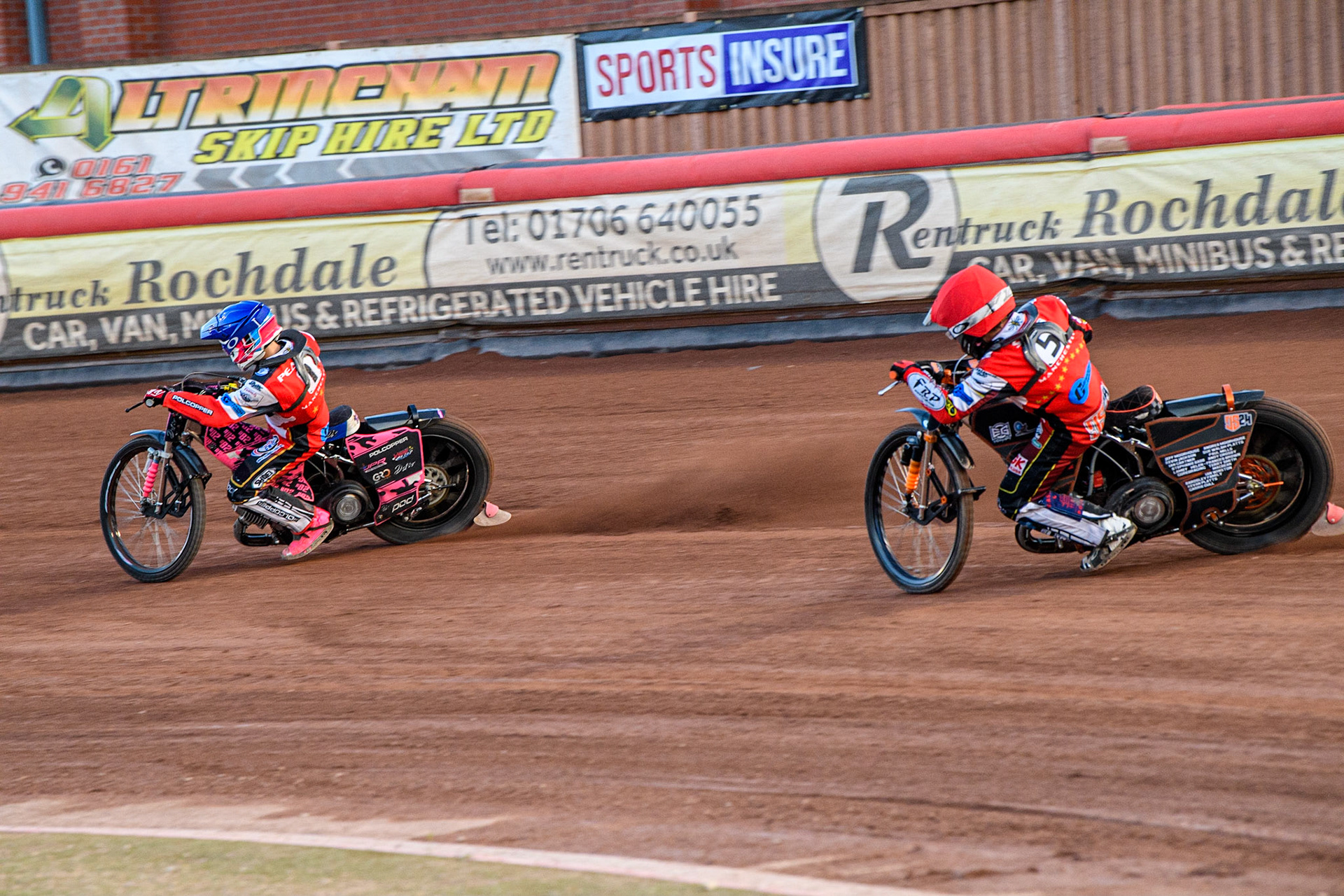 Jack Smith (Red) behind team mate James Pearson (Blue) during the National Development League match between Belle Vue Colts and Kent Royals at the National Speedway Stadium, Manchester on Friday 7th July 2023. (Photo: Ian Charles | MI News)