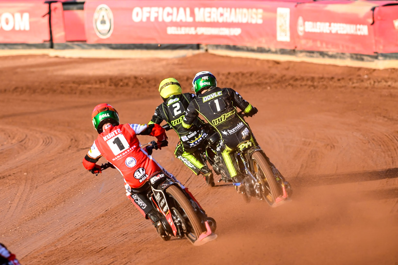 Brady Kurtz of Belle Vue Aces  in Red chases Jason Doyle of Ipswich Witches  in White and Danny King of Ipswich Witches  in Yellow during the Rowe Motor Oil Premiership match between Belle Vue Aces and Ipswich Witches at the National Speedway Stadium, Manchester on Monday 4th August 2025. (Photo: Ian Charles | MI News)