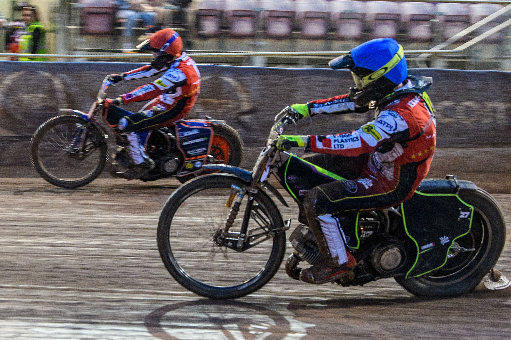 Tom Brennan (Blue) inside team mate Brady Kurtz (Red) during the Sports Insure Premiership match between Belle Vue Aces and King's Lynn Stars at the National Speedway Stadium, Manchester on Monday 21st August 2023. (Photo: Ian Charles | MI News)