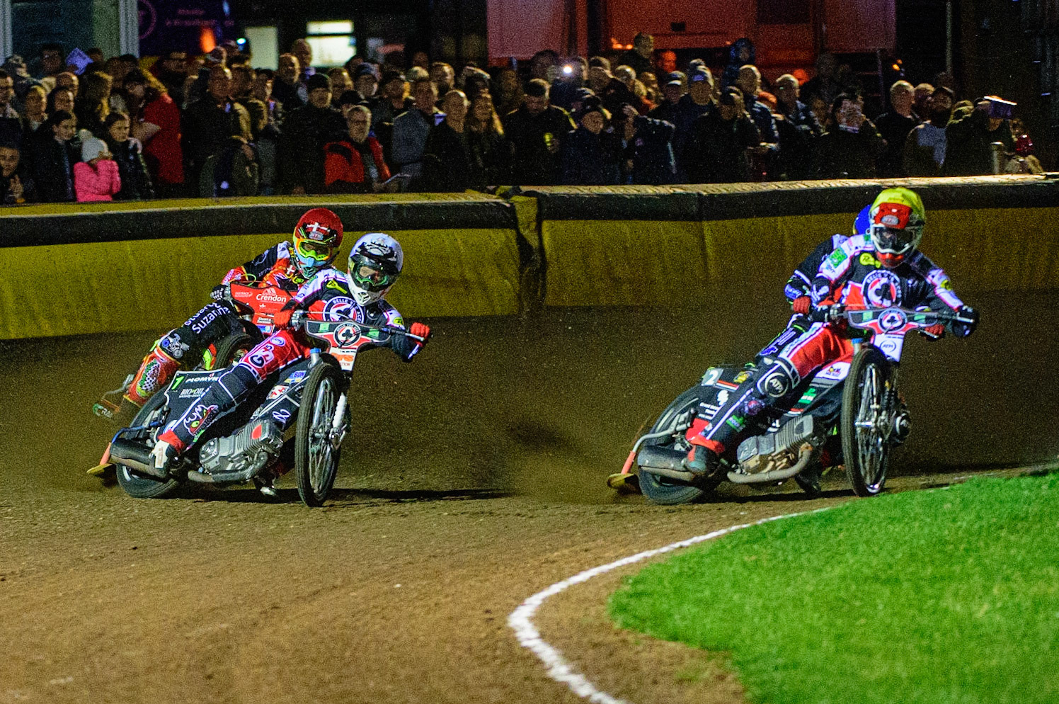 PETERBOROUGH, UK. OCT 14TH Richie Worrall  (Yellow) and Dan Bewley  (White) lead Michael Palm Toft  (Red) and Craig Cook (Blue) during the SGB Premiership Grand Final 2nd leg between Peterborough and Belle Vue Aces at East of England Showground, Peterborough on Thursday 14th October 2021. (Credit: Ian Charles | MI News)