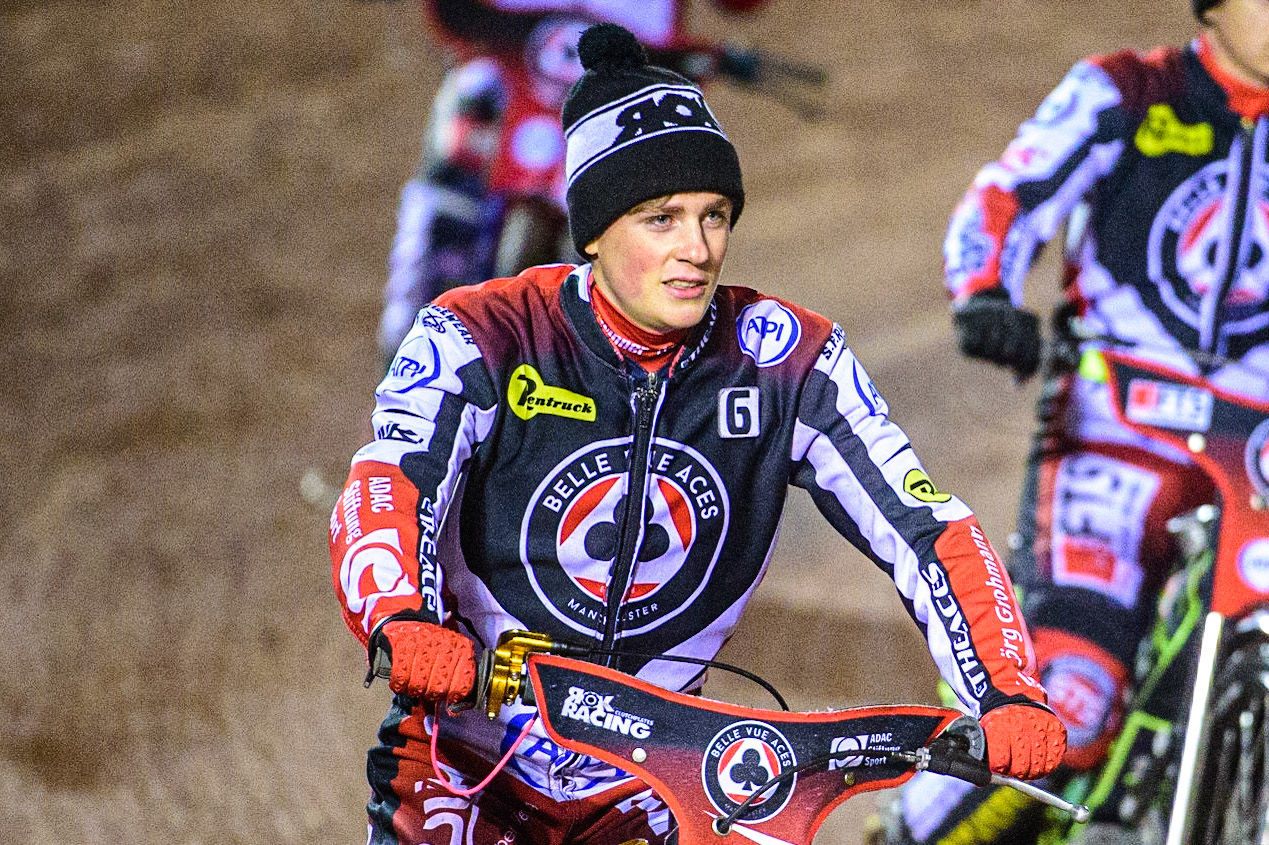 Norick Blodorn  on the parade lap during the SGB Premiership Semi Final 2nd Leg between Belle Vue Aces and Ipswich Witches at the National Speedway Stadium, Manchester on Monday 3rd October 2022. (Credit: Ian Charles | MI News)