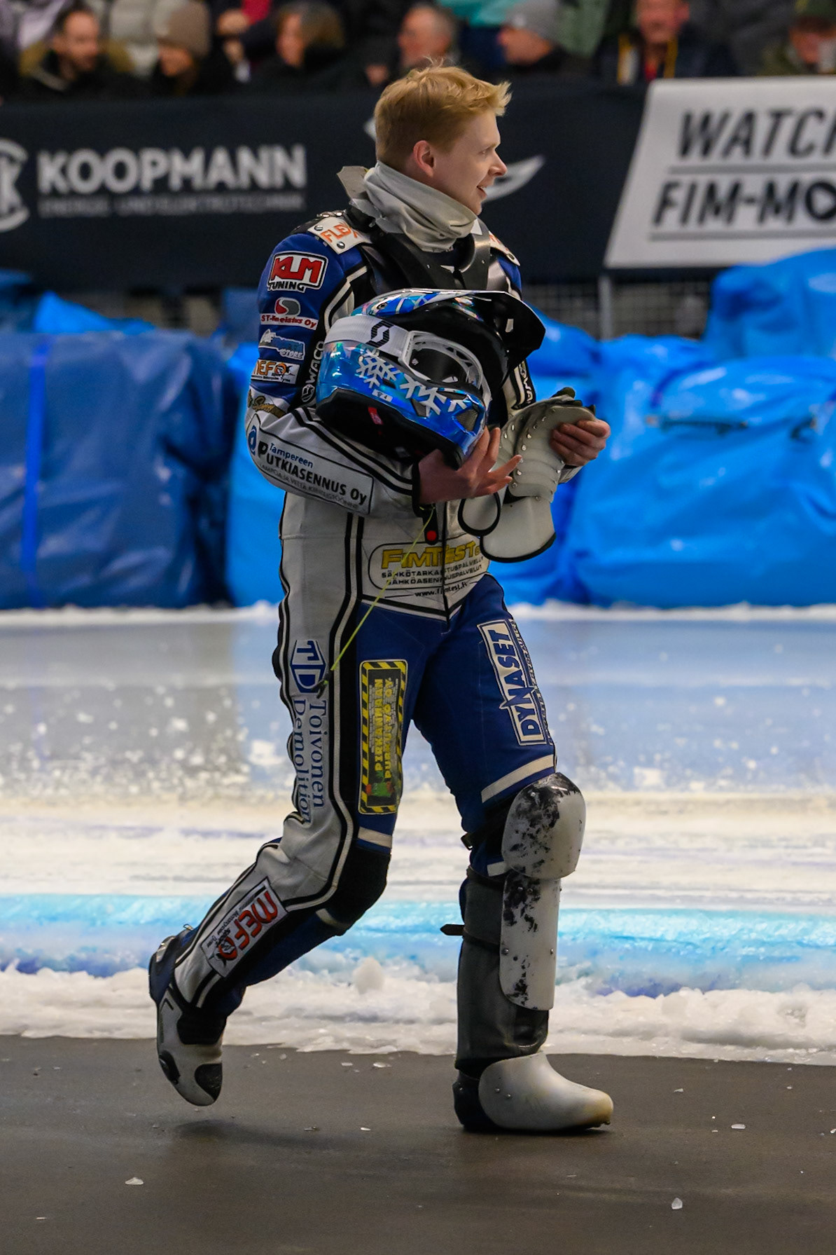 Max Koivula (24) of Finland  walks back to the pits after his first bend crash during the Ice Speedway Gladiators World Championship Final 2 at Max-Aicher-Arena, Inzell on Sunday 15th March 2026. (Photo: Ian Charles | MI News)