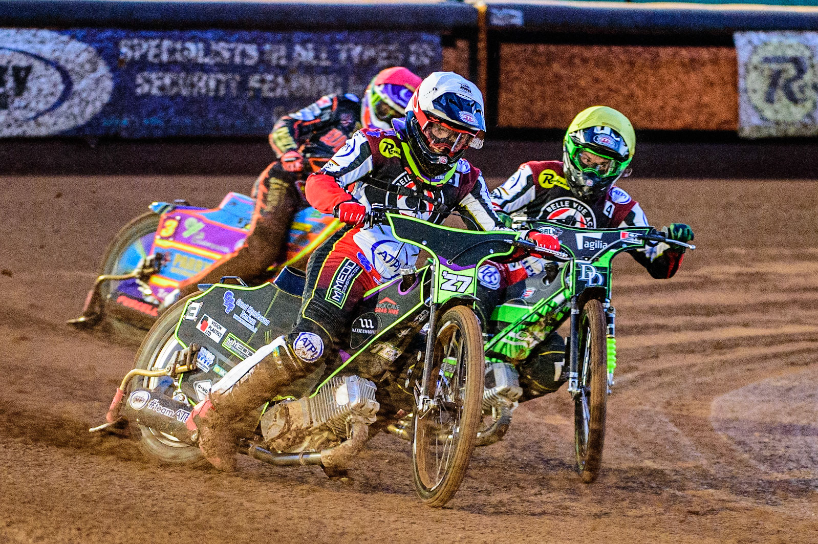 Tom Brennan  (White) and Charles Wright  (Yellow) lead Rory Schlein  (Red) during the SGB Premiership Knock Out Cup Quarter Final 1st Leg between Wolverhampton Wolves and Belle Vue Aces at Monmore Green Stadium, Wolverhampton on Monday 10th April 2023. (Photo: Ian Charles | MI News)