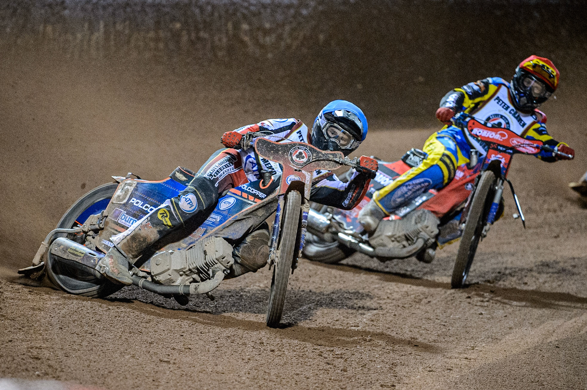 Brady Kurtz  (Blue) leads Tobiasz Musielak  (Red) during the Peter Craven Memorial Trophy  at the National Speedway Stadium, Manchester on Monday 3rd April 2023. (Photo: Ian Charles | MI News)