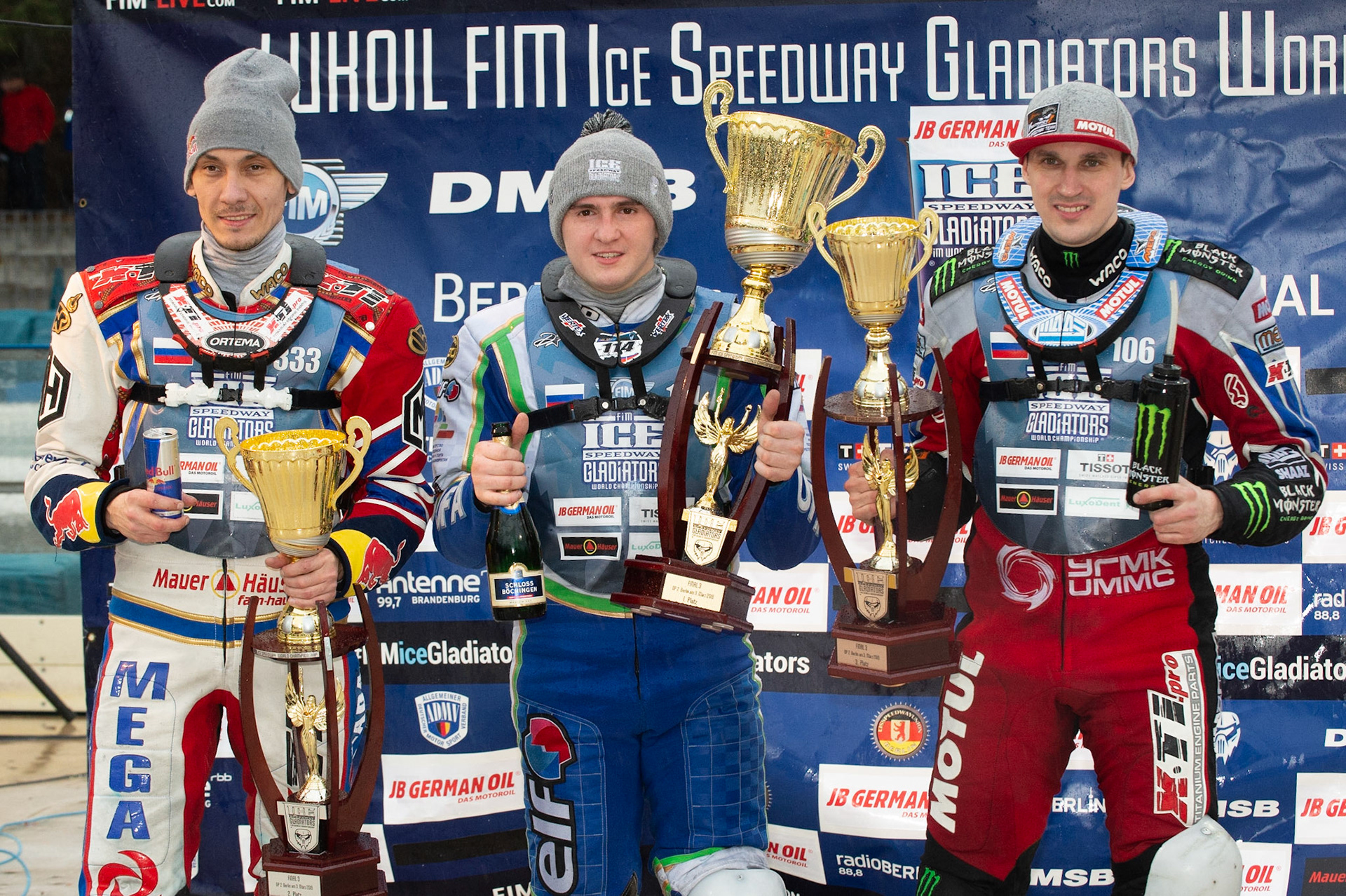 Photo: Ian Charles

Top 3 Sunday: (l-r) Danil Ivanov (333)(2nd), 114\ (Winner) Dmitri Koltakov (106) (3rd)  

FIM Ice Speedway Gladiators World Championship, Final 3.2, Horst-Dohm Eisstadion, Berlin, Germany Sunday  3  March  2019