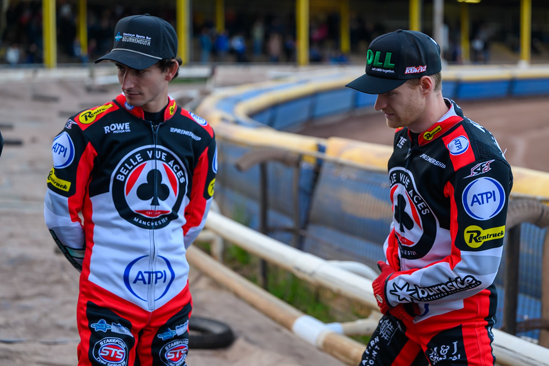 Zach Cook of Belle Vue Aces (Left)  and Brady Kurtz of Belle Vue Aces  before the rider parade during the Rowe Motor Oil Premiership match between Sheffield Tigers and Belle Vue Aces at Owlerton Stadium, Sheffield on Monday 31st August 2026. (Photo: Ian Charles | MI News)