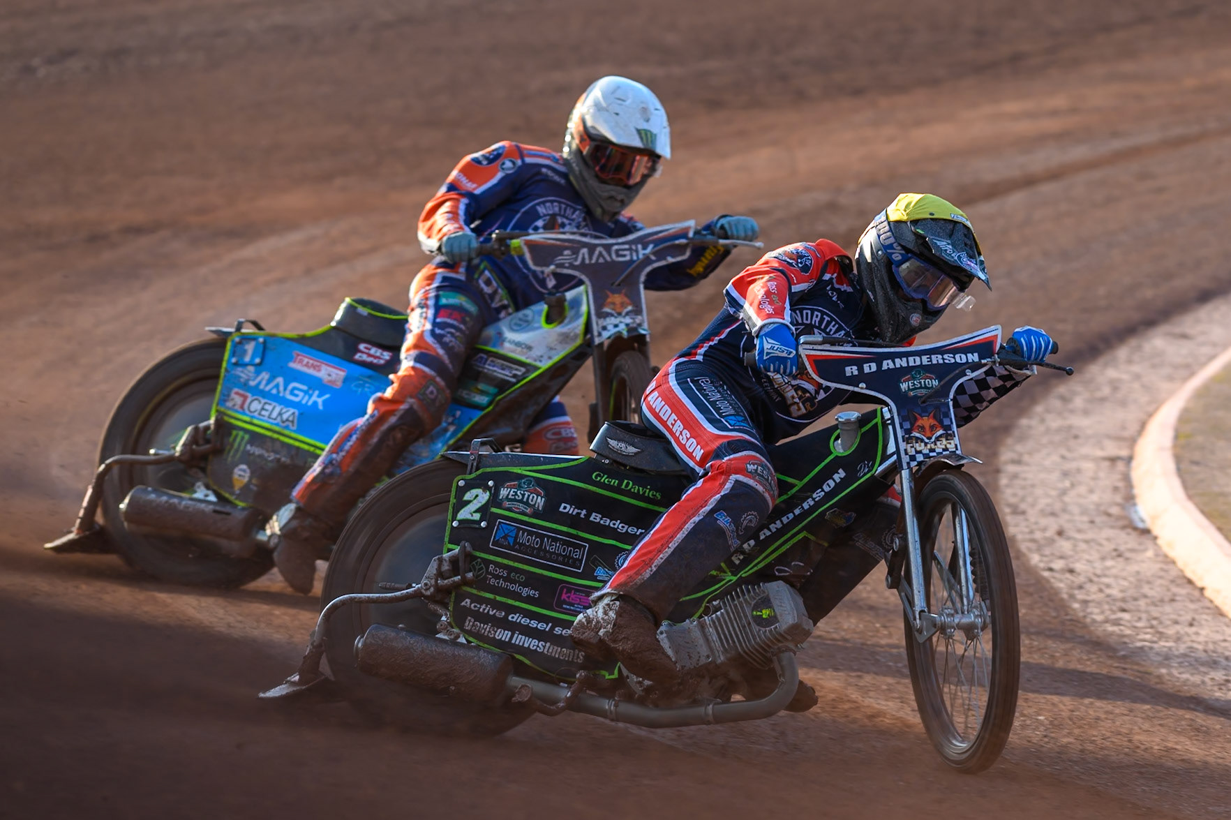 Kye Thomson of Northampton Foxes in Yellow leading team mate Jaimon Lidsey of Northampton Foxes  in White during the Rowe Motor Oil Premiership match between Belle Vue Aces and Northampton Foxes at the National Speedway Stadium, Manchester on Monday 13th July 2026. (Photo: Ian Charles | MI News)