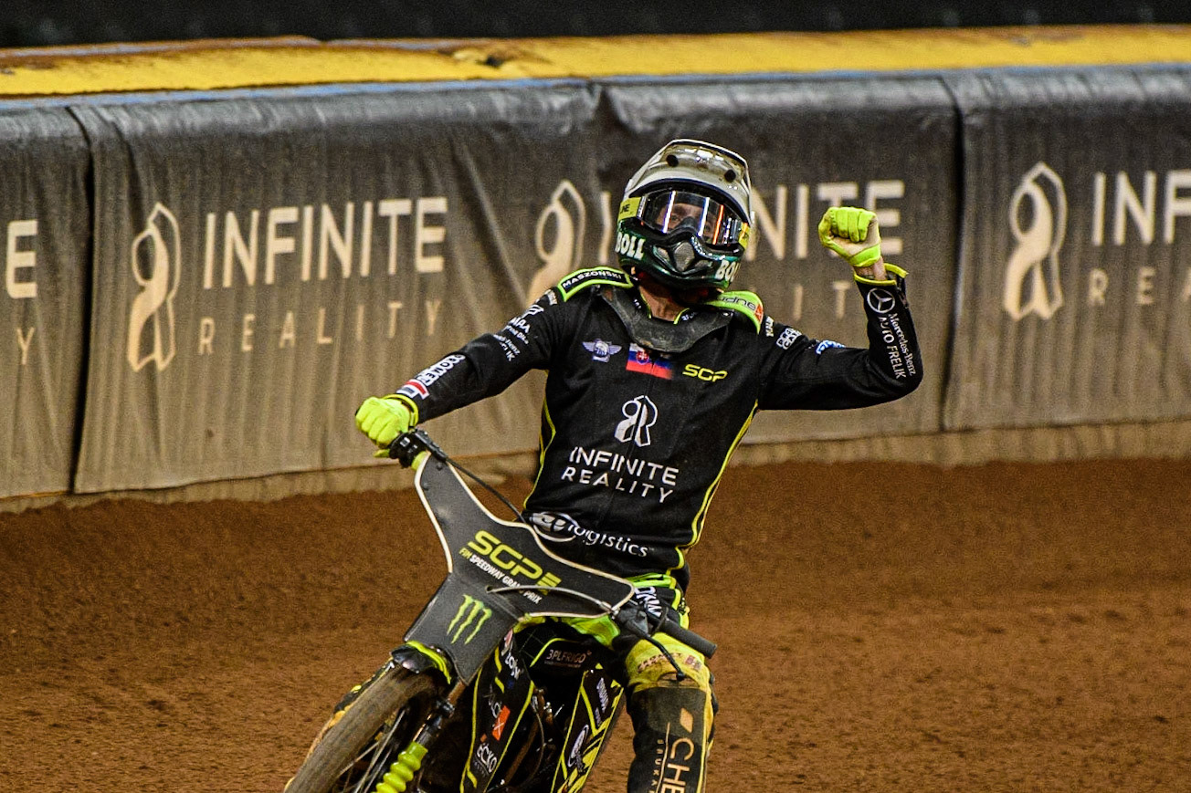 Martin Vaculik (54) celebrates his Grand Prix win in Cardiff during the FIM Speedway Grand Prix of Great Britain at the Principality Stadium, Cardiff on Saturday 2nd September 2023. (Photo: Ian Charles | MI News)