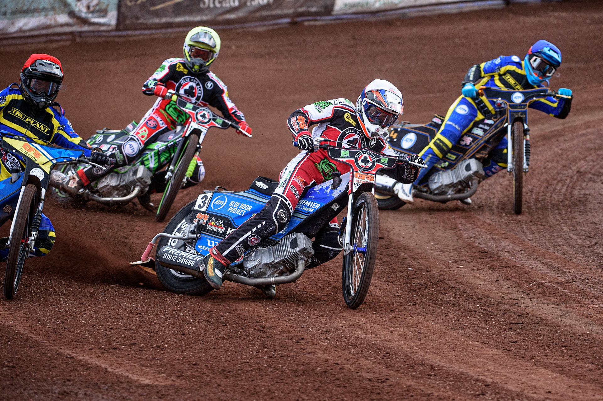 SHEFFIELD, UK. JULY 1ST     Steve Worrall  (White) leads Adam Ellis  (Red), Charles Wright  (Yellow) and Justin Sedgmen   (Blue) during the SGB Premiership match between Sheffield Tigers and Belle Vue Aces at Owlerton Stadium, Sheffield on Thursday 1st July 2021. (Credit: Ian Charles | MI News)