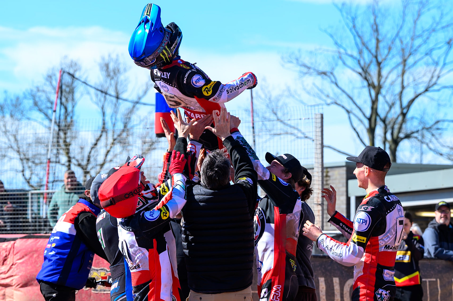 Dan Bewley  of Belle Vue Aces  gets the bumps from his team mates during the Knockout Cup Northern Section match between Belle Vue Aces and Leicester Lions at the National Speedway Stadium, Manchester on Monday 6th April 2026. (Photo: Ian Charles | MI News)