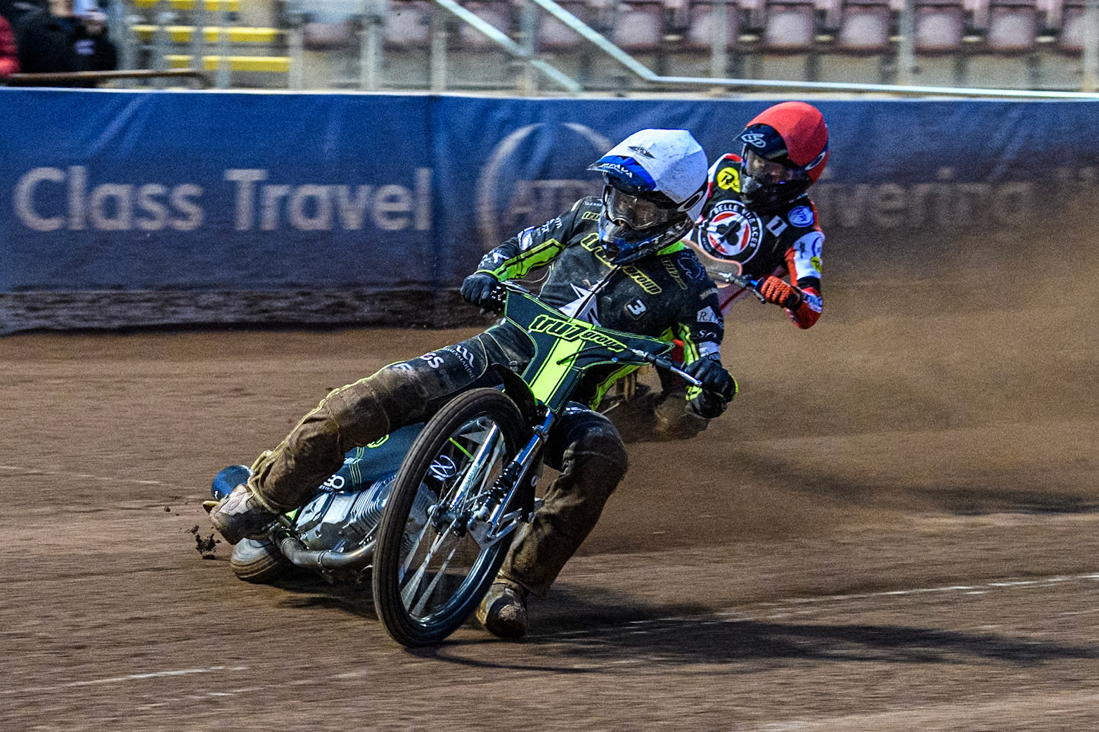 Ipswich Witches' Adam Ellis in White leading Belle Vue Aces' Brady Kurtz in Red during the Rowe Motor Oil Premiership match between Belle Vue Aces and Ipswich Witches at the National Speedway Stadium, Manchester on Monday 22nd April 2024. (Photo: Ian Charles | MI News)