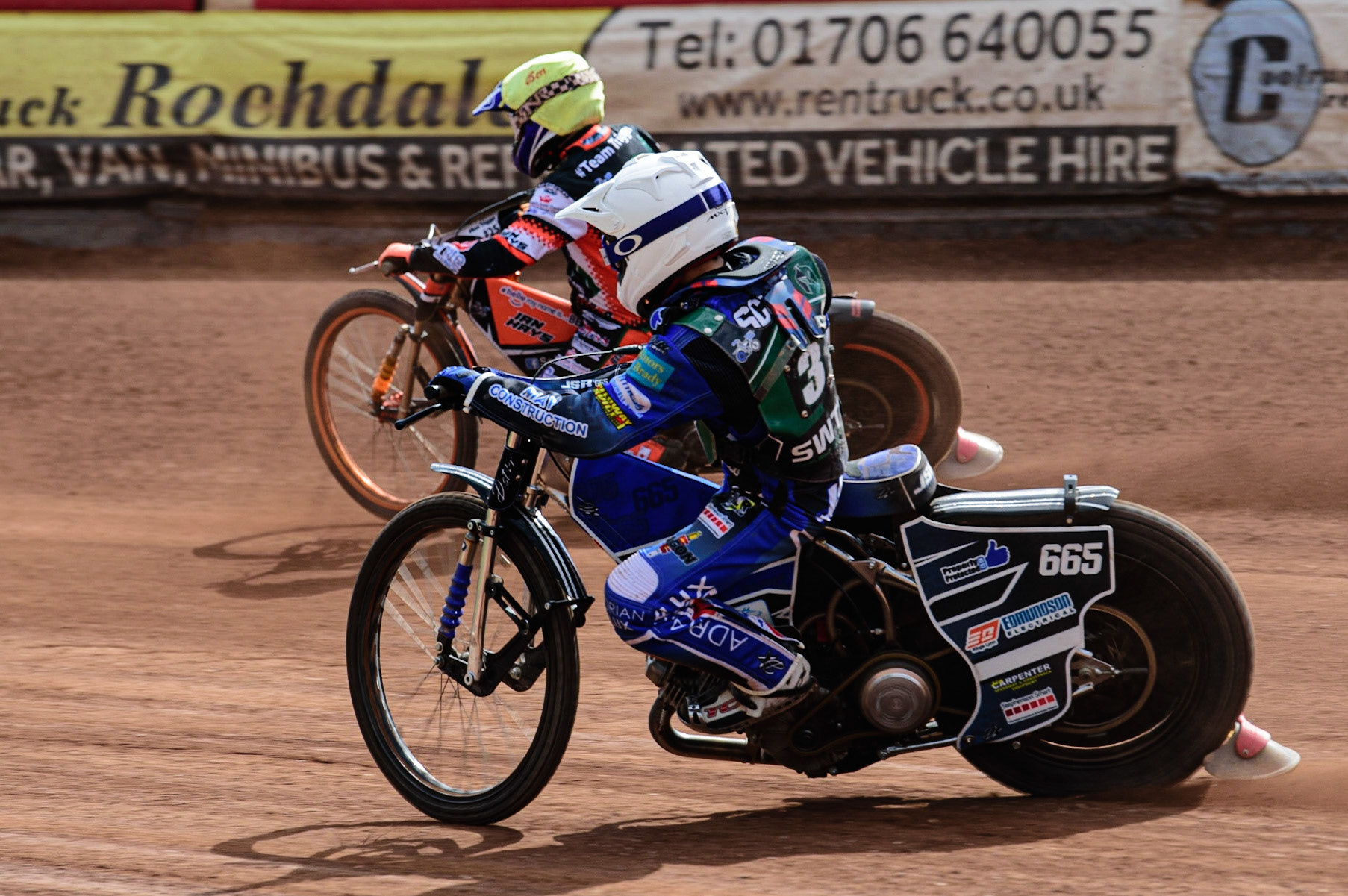 MANCHESTER, UK. APR 15TH   Jody Scott  (White) chases team mate Ben Trigger  (Yellow) during the National Development League match between Belle Vue Colts and Plymouth Centurions at the National Speedway Stadium, Manchester on Friday 15th April 2022. (Credit: Ian Charles | MI News)