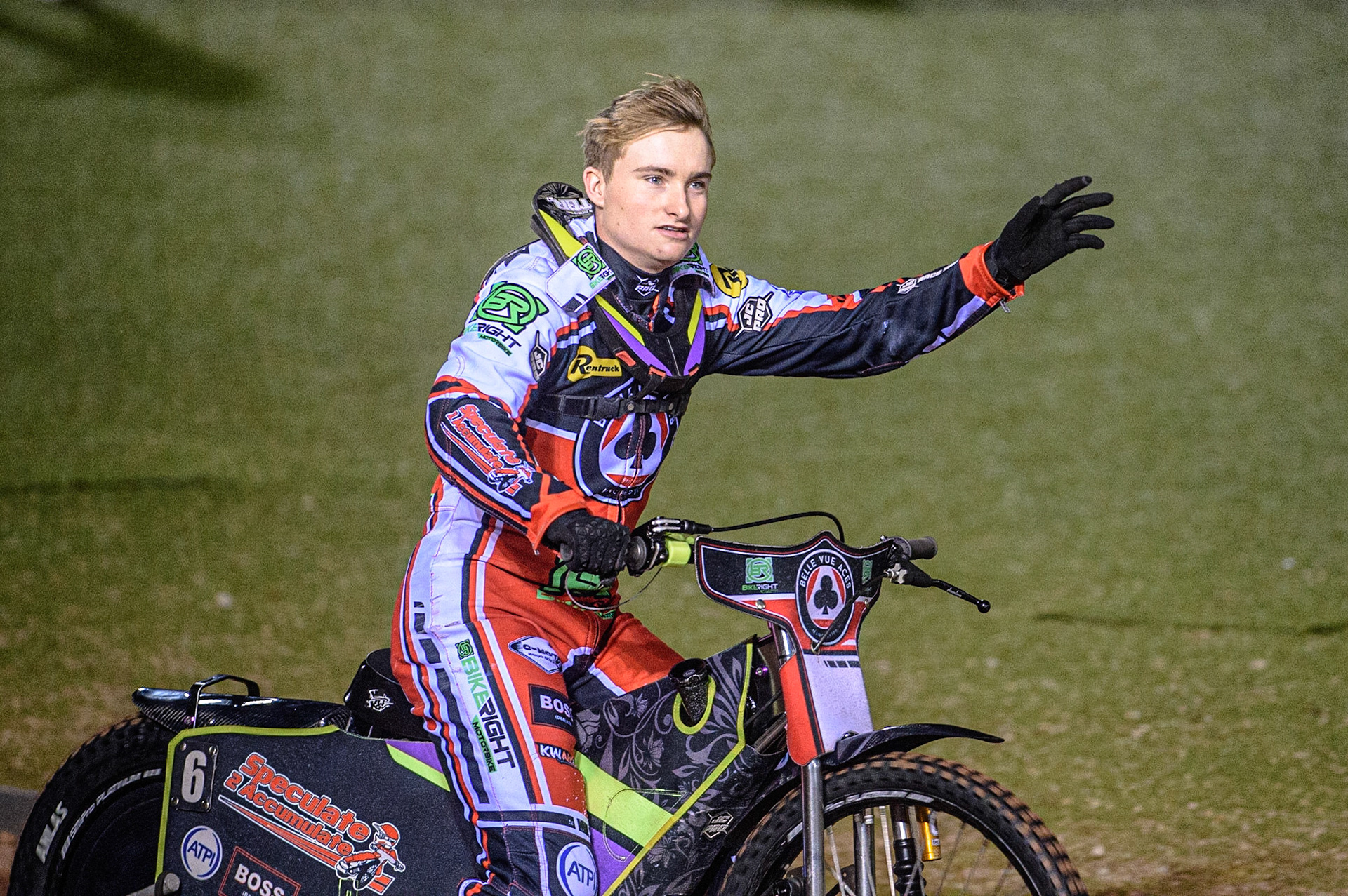 MANCHESTER, UK. OCT 7TH  Tom Brennan  on the pre match parade during the SGB Premiership Play off Semi-Final Second Leg between Belle Vue Aces and Sheffield Tigers at the National Speedway Stadium, Manchester on Thursday 7th October 2021. (Credit: Ian Charles | MI News)