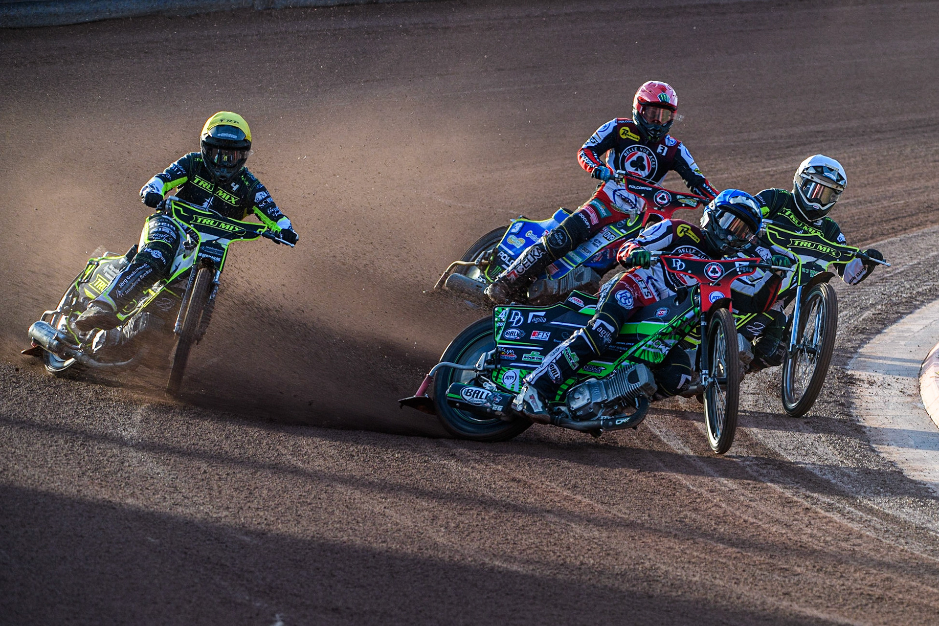 Charles Wright (Blue) leads Danny King (White) Erik Riss (Yellow) and Jaimon Lidsey (Red) during the Sports Insure Premiership match between Belle Vue Aces and Ipswich Witches at the National Speedway Stadium, Manchester on Monday 17th July 2023. (Photo: Ian Charles | MI News)