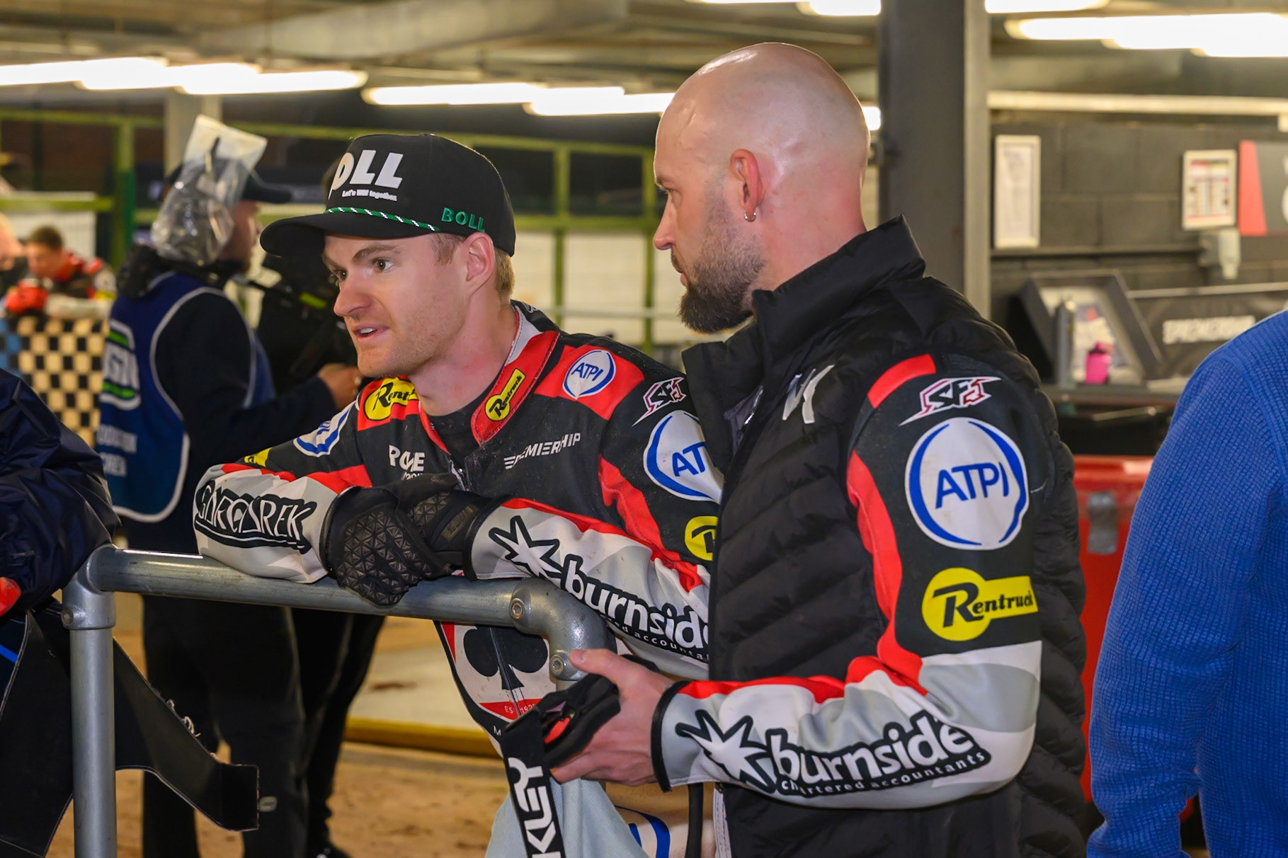 Brady Kurtz of Belle Vue Aces  (Left)  with Nicolai Klindt, Guest Rider for Belle Vue Aces during the Rowe Motor Oil Premiership Grand Final 2nd Leg between Belle Vue Aces and Sheffield Tigers at the National Speedway Stadium, Manchester on Friday 16th October 2026. (Photo: Ian Charles | MI News)