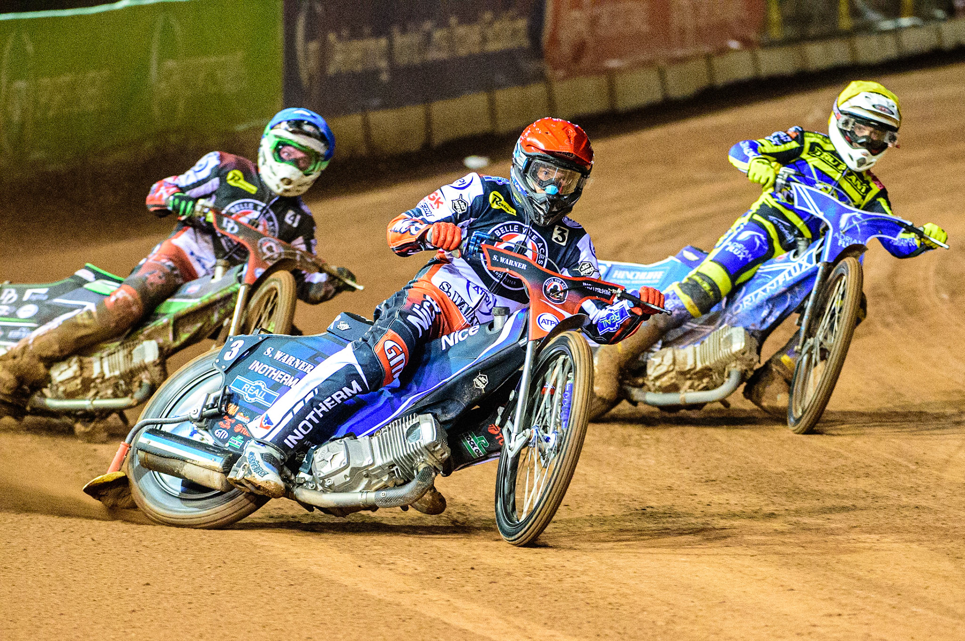 Matej Zagar  (Red) leads Charles Wright  (Blue) Lewis Kerr  (Yellow) during the SGB Premiership Grand Final 1st leg between Belle Vue Aces and Sheffield Tigers at the National Speedway Stadium, Manchester on Monday 10th October 2022. (Credit: Ian Charles | MI News)