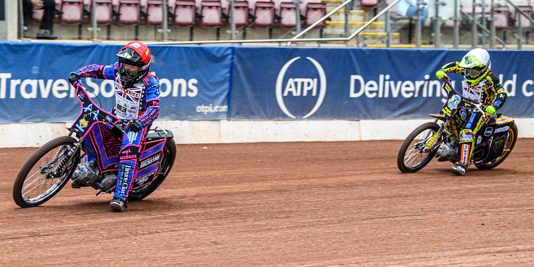 Rocco Webb  (Red) leads Lewis Hague  (White) during the British Youth Championships at the National Speedway Stadium, Manchester on Friday 12th May 2023. (Photo: Ian Charles | MI News)