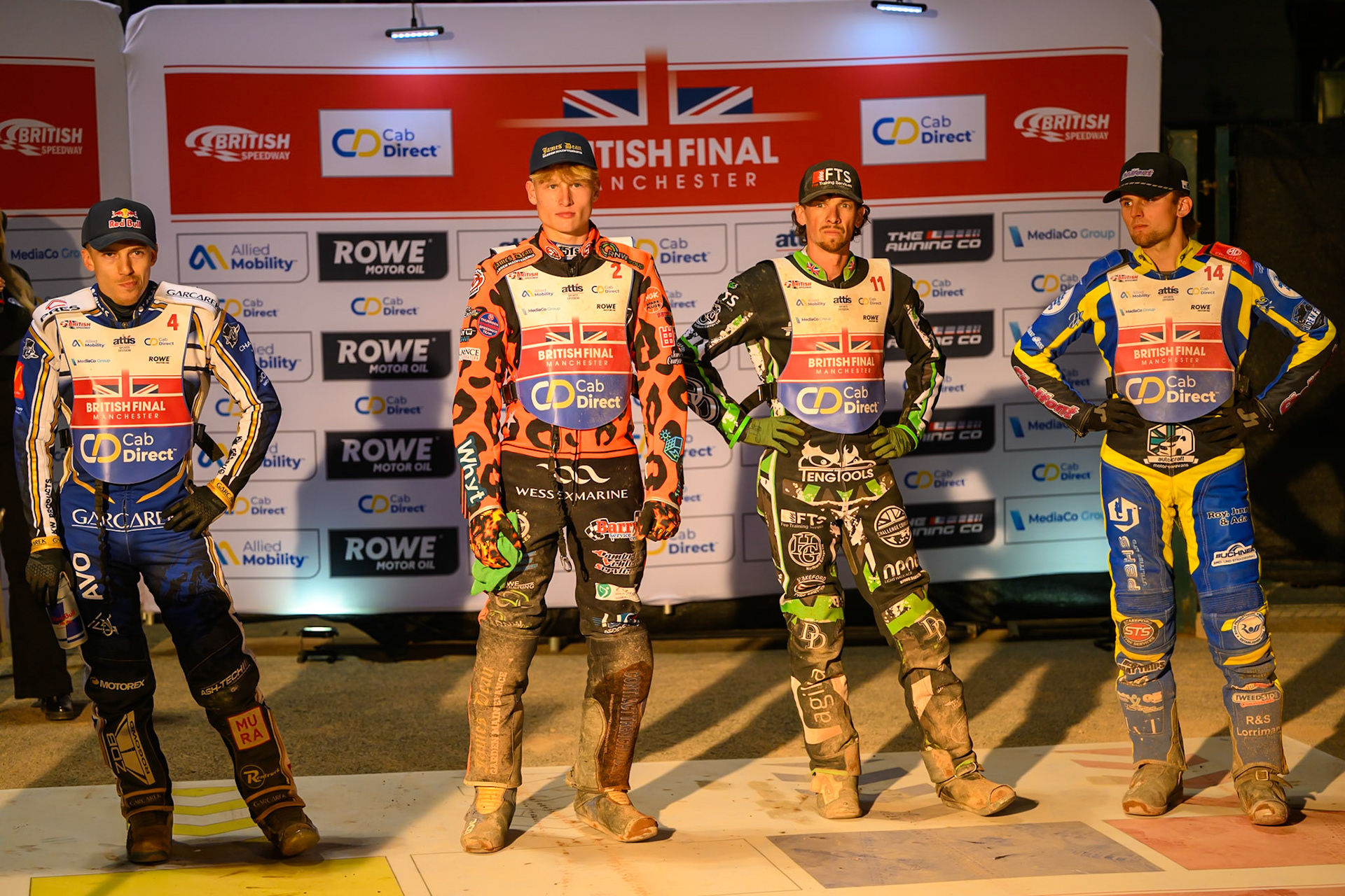Grand Final gate selection: (L to R) Robert Lambert (4) , Cooper Rushen (2) , Charles Wright (11) , Leon Flint (14) during the Cab Direct British Speedway Championship Final at the National Speedway Stadium, Manchester on Saturday 15th August 2026. (Photo: Ian Charles | MI News)